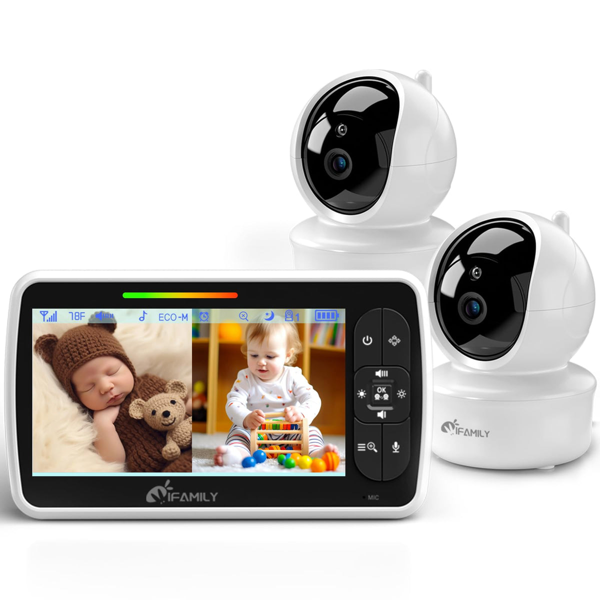 iFamily parent monitor front view showing split-screen for quick dual monitoring benefit