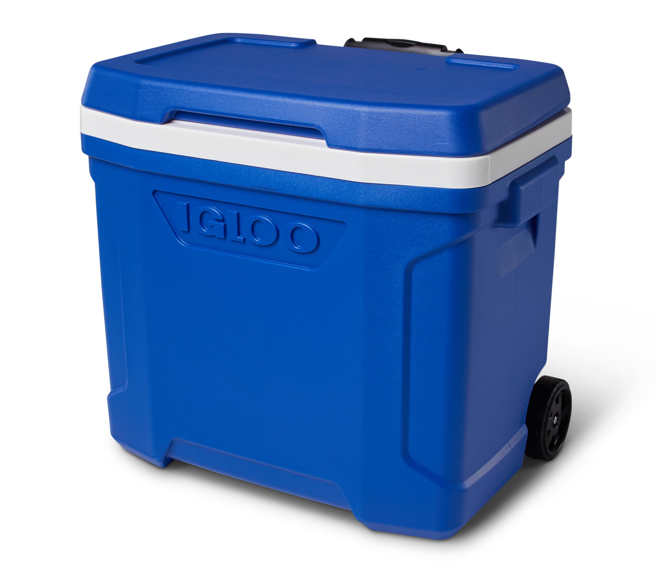 Igloo front view of blue 28 qt cooler showing lid and capacity benefit