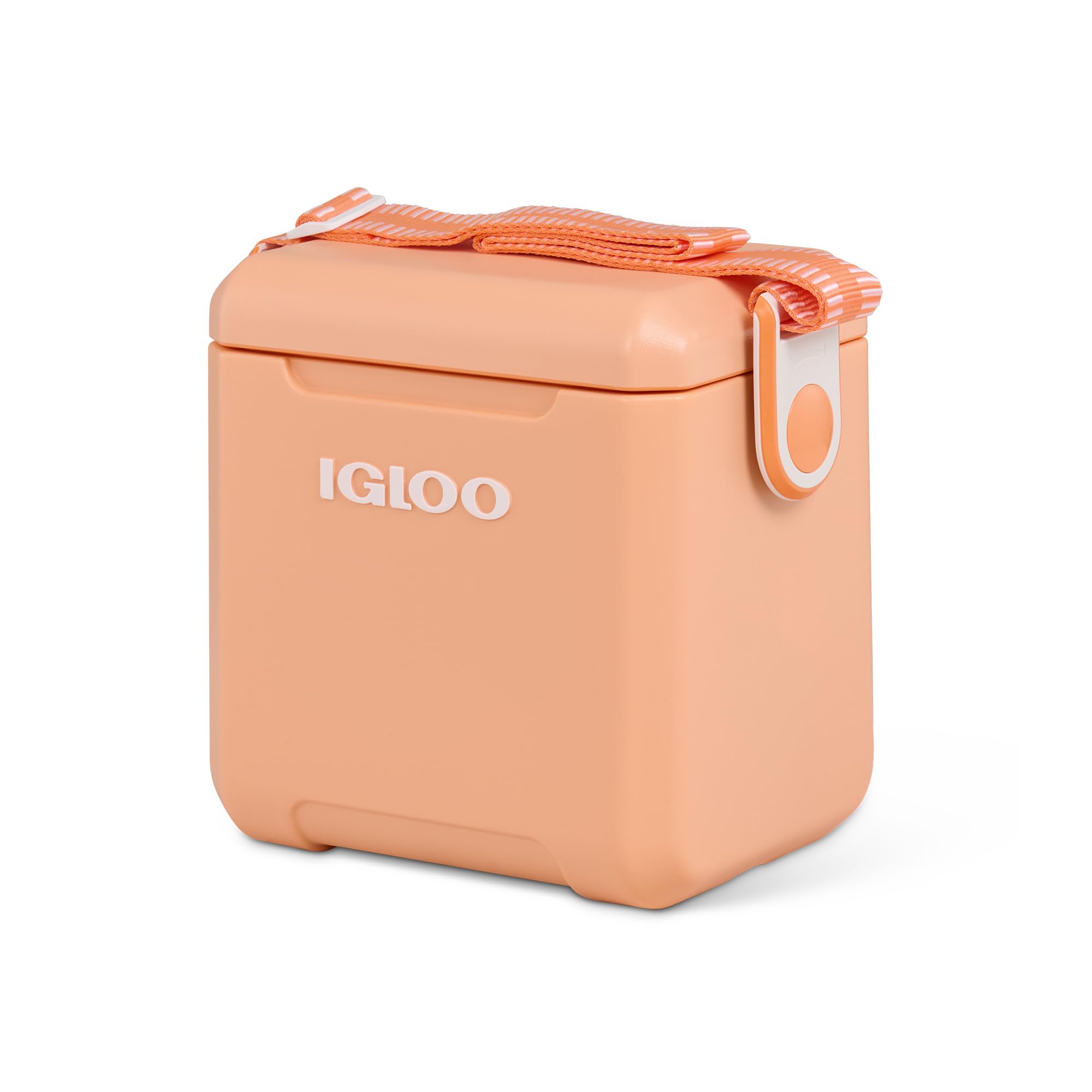 Igloo front view of apricot Tag Along Too cooler showing compact design and portability