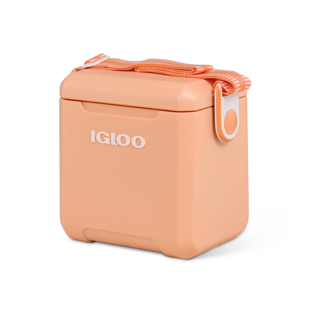 Igloo front view of apricot Tag Along Too cooler showing compact design and portability