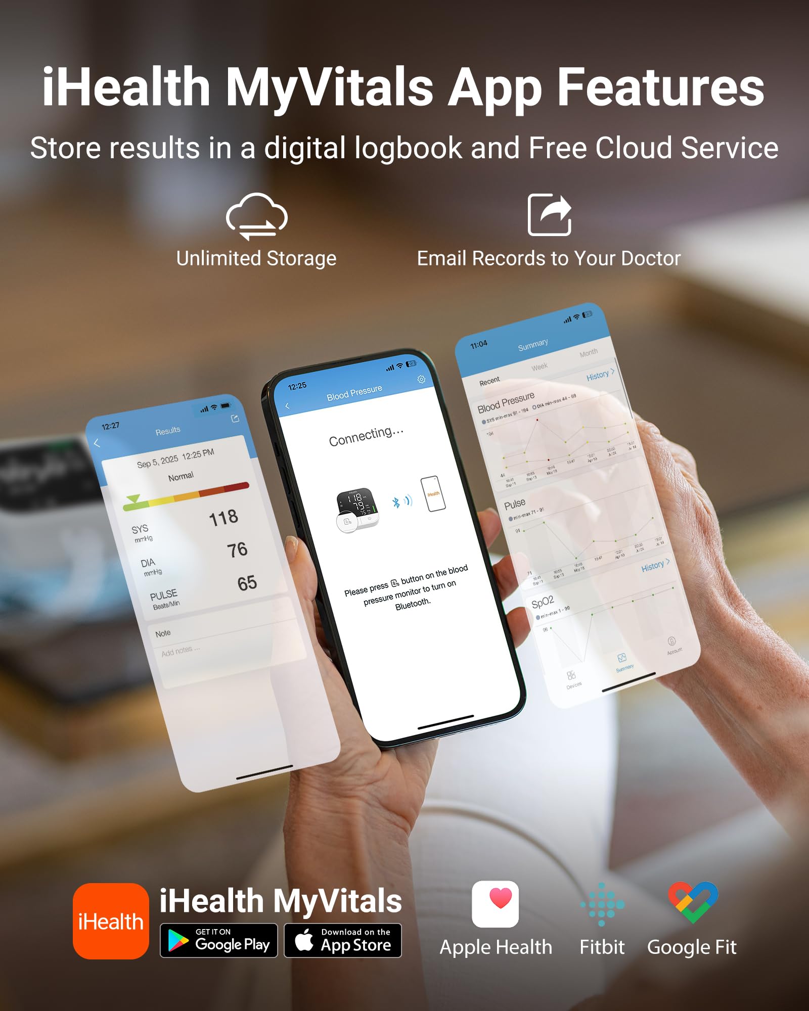 iHealth Track Pro syncing readings to iHealth MyVitals app for trend tracking