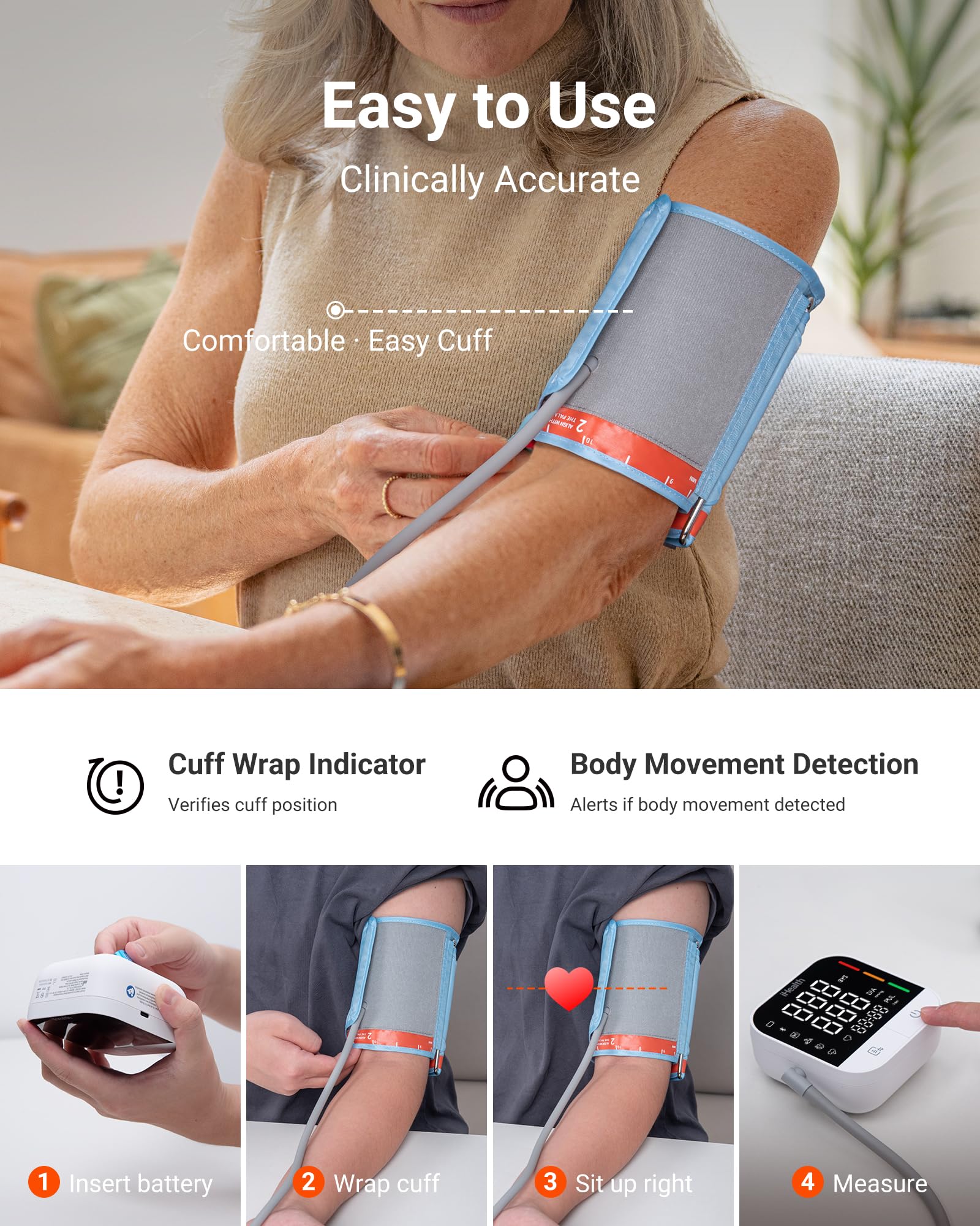 iHealth Track Pro with USB-C cable and AA batteries for flexible power options