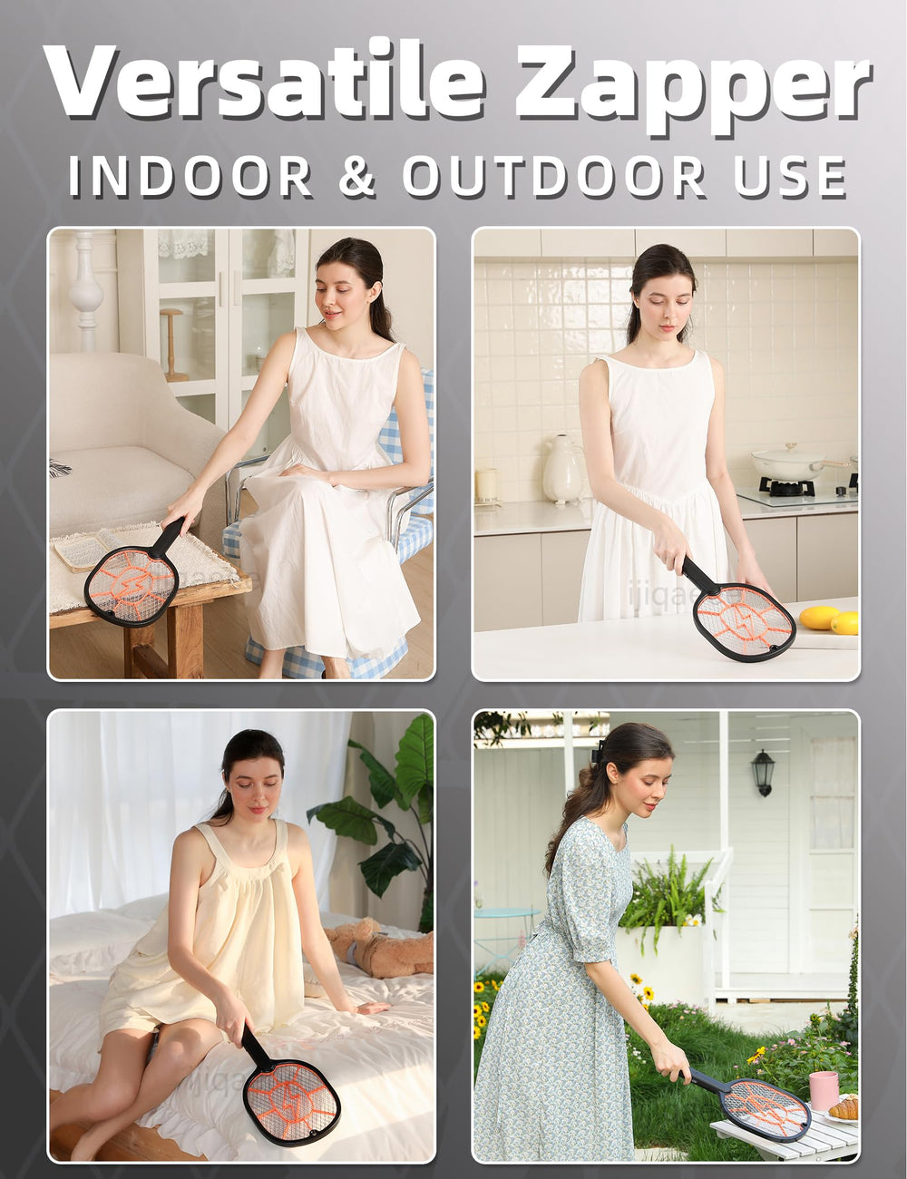 ijiqaeee racket in use in a kitchen demonstrating quick insect removal