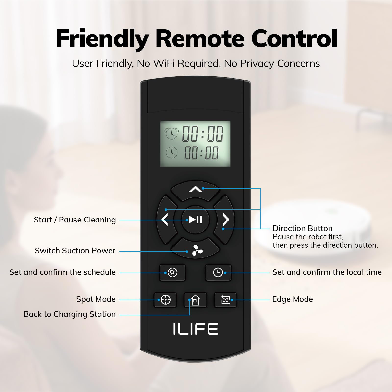 ILIFE V2 close-up of tangle-free suction port capturing pet hair benefit