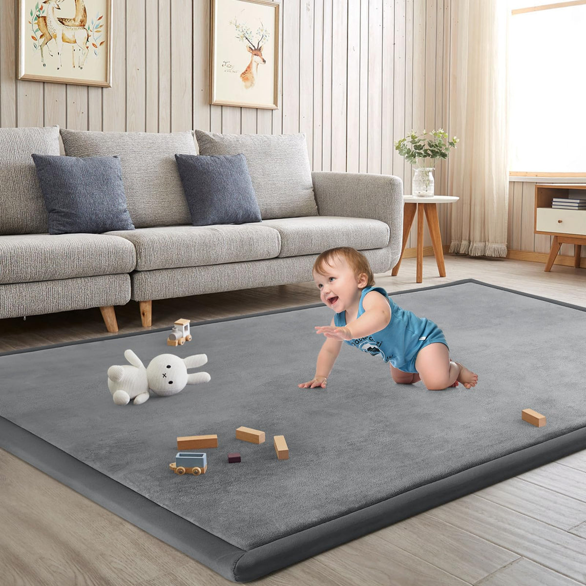 ILPEOD front view grey play mat showing full 50x50 surface and safe padding