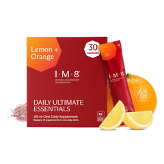 IM8 front packaging showing lemon and orange flavor and benefits