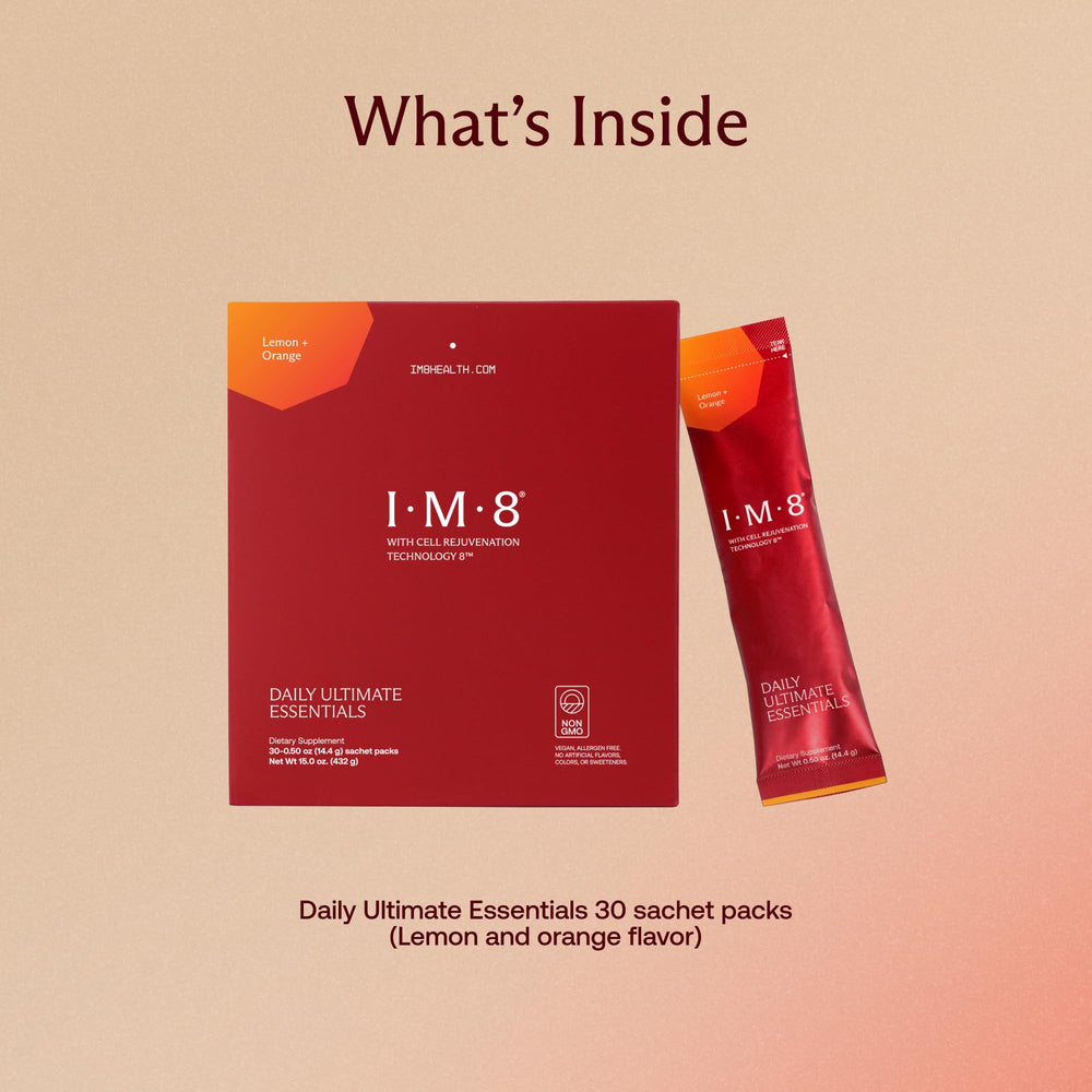 IM8 mixed drink in glass with ice highlighting refreshing citrus benefit
