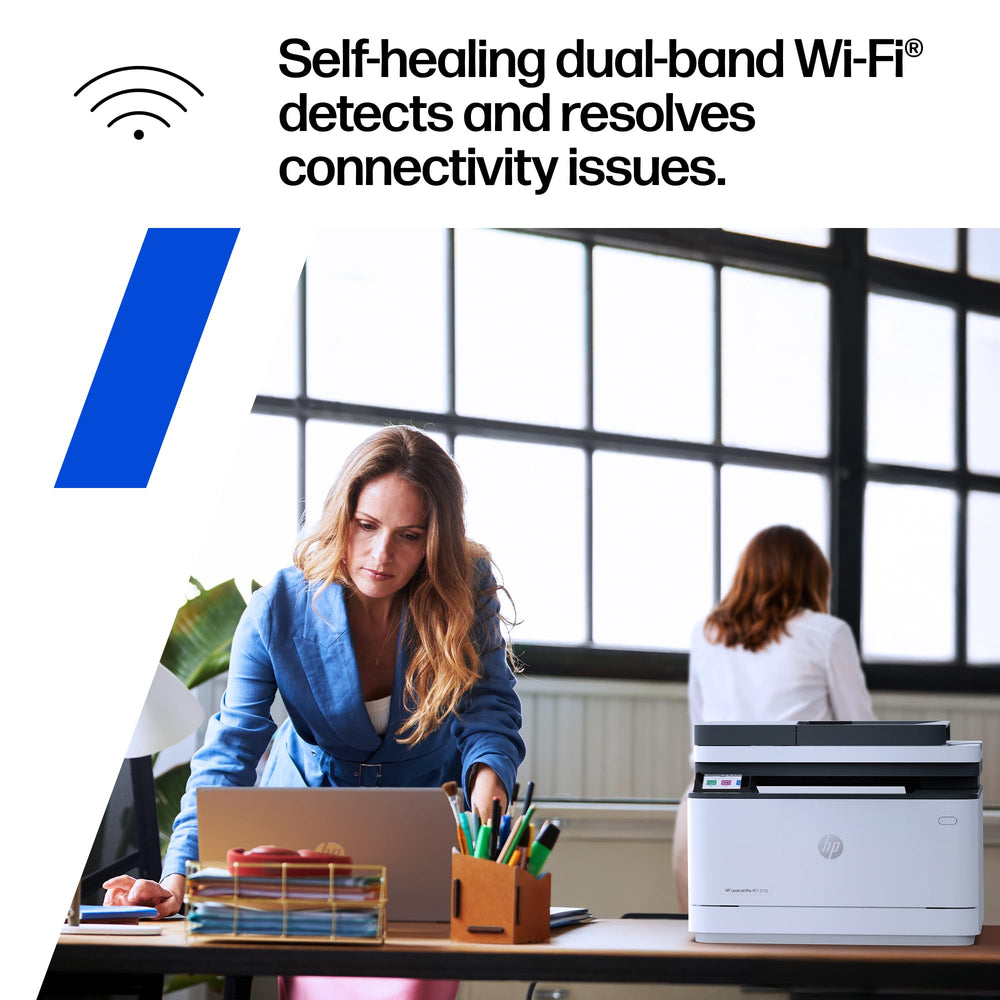 HP printer in an office scene with a Wi-Fi feature caption.