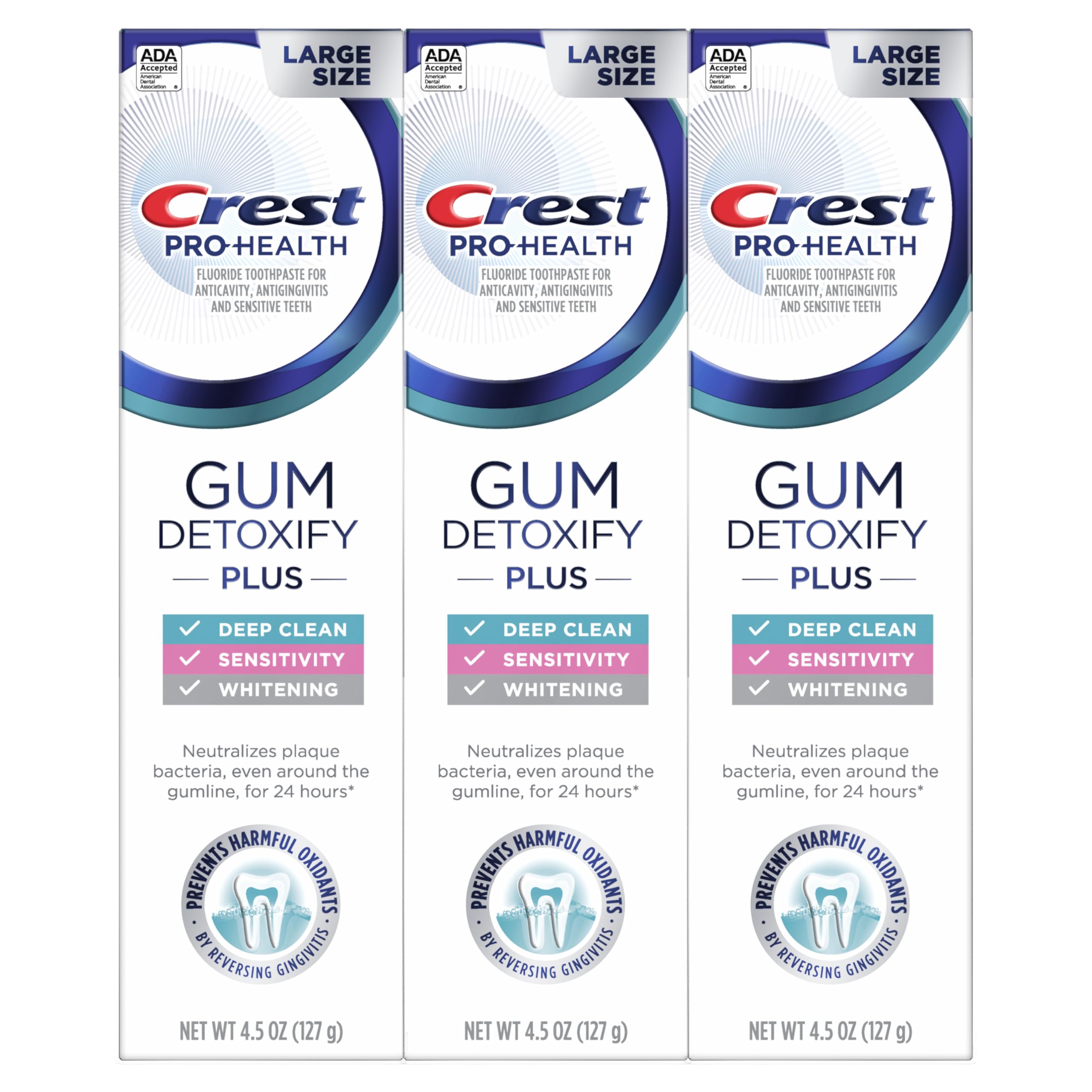 Three Crest Gum Detoxify Plus toothpaste boxes.