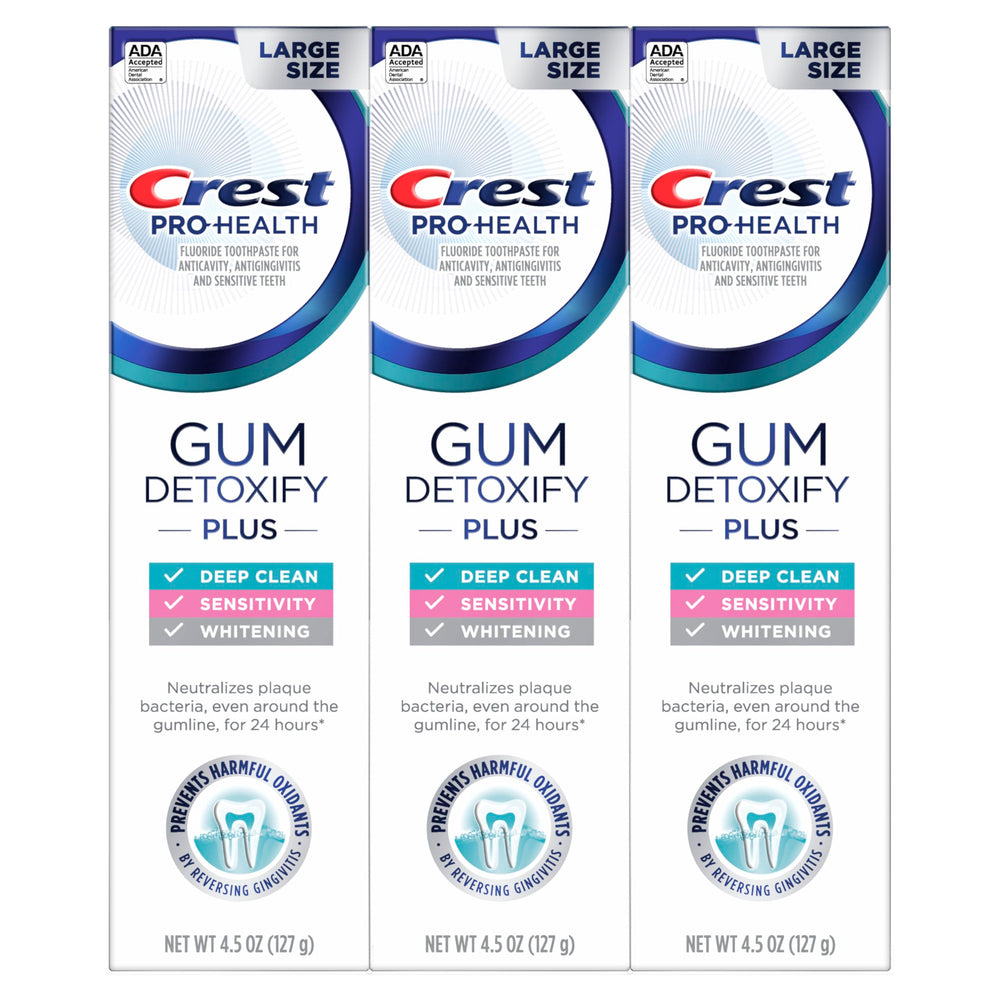 Three Crest Gum Detoxify Plus toothpaste boxes.