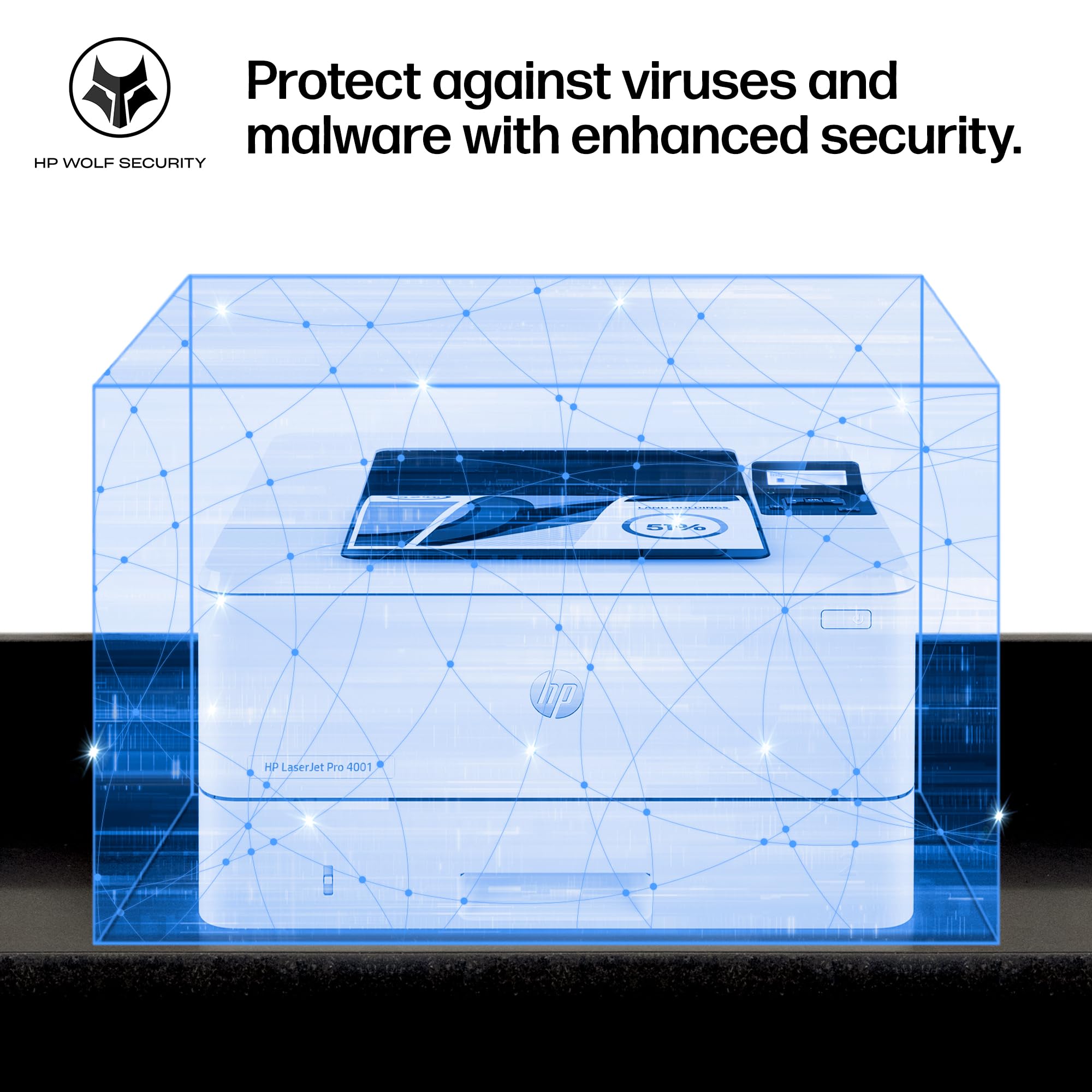 HP printer inside a blue security-themed promotional graphic.