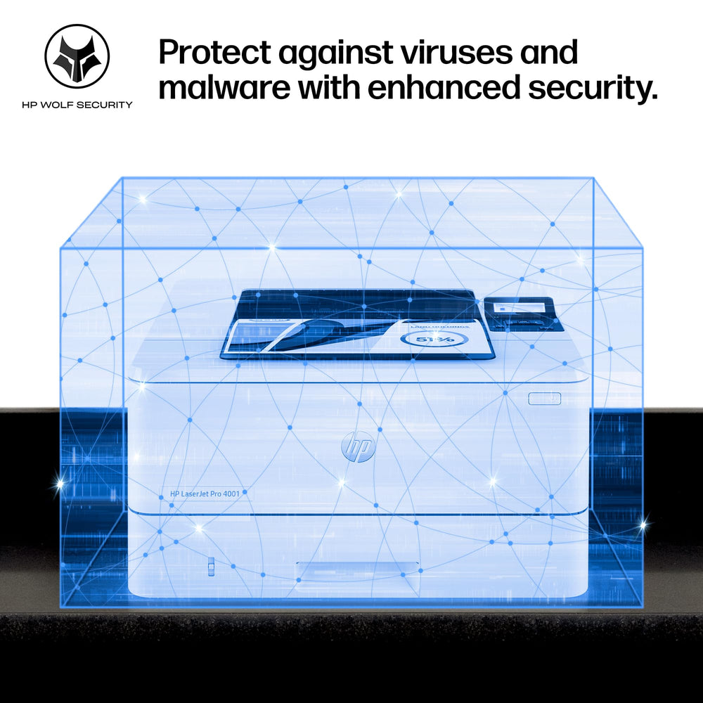 HP printer inside a blue security-themed promotional graphic.