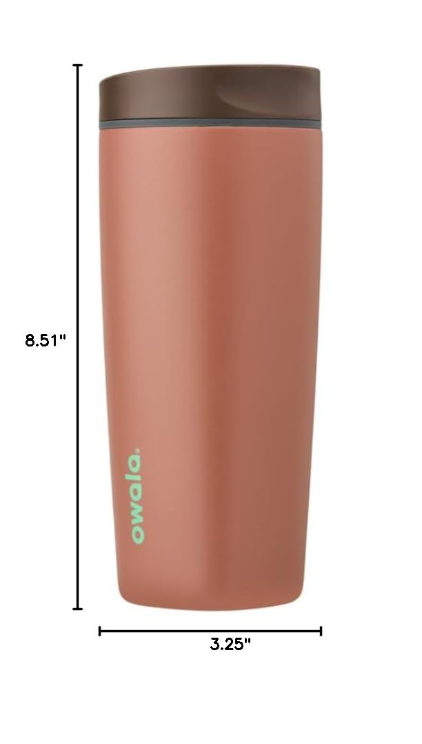 Terracotta Owala travel tumbler with dimension arrows.