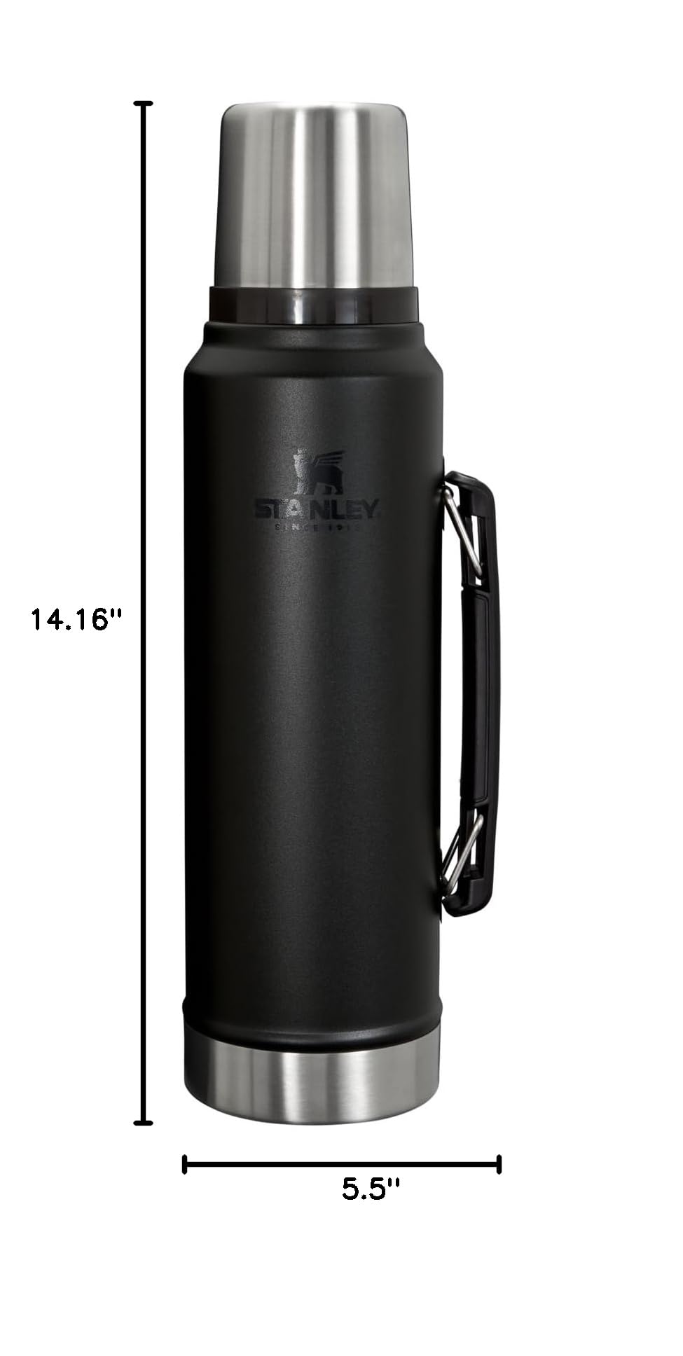 Black Stanley vacuum bottle with dimension arrows.