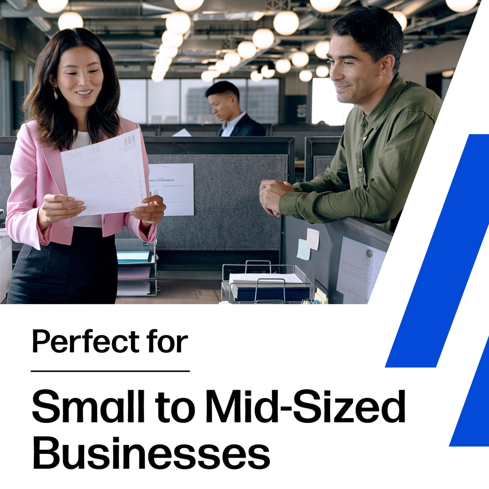 HP LaserJet promotional photograph of people in a business setting.