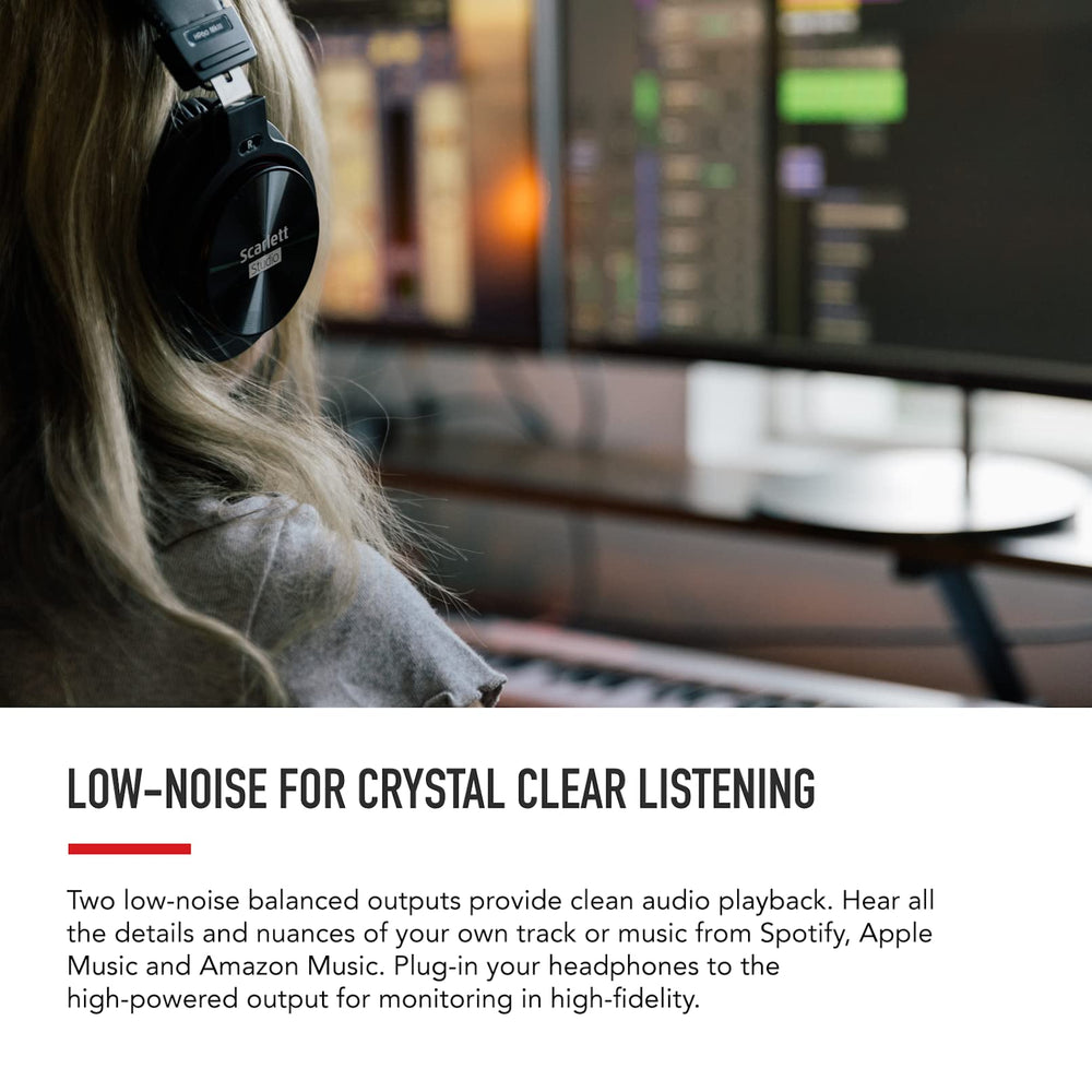 Person wearing headphones at a computer in Focusrite promotional imagery.