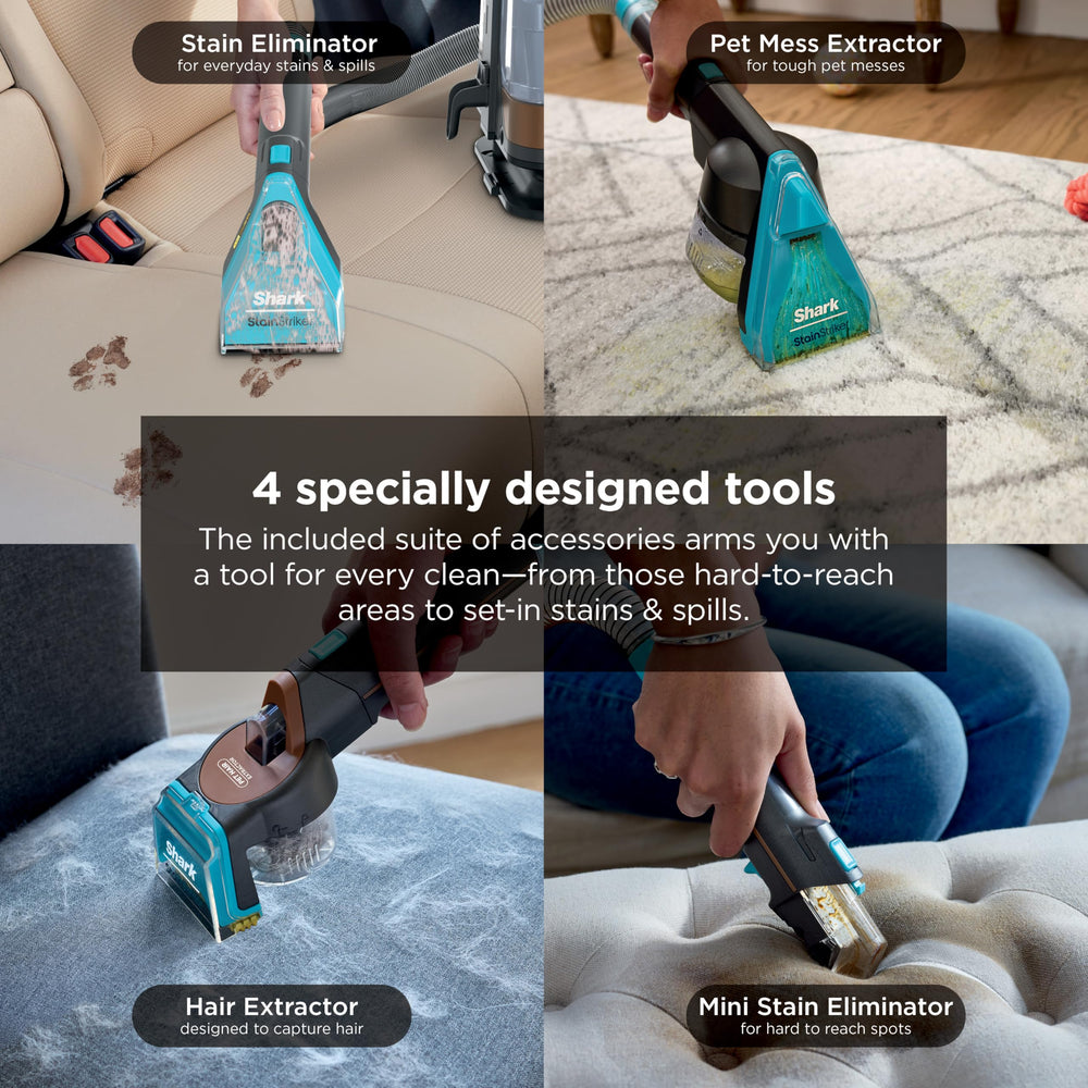 Shark spot-cleaner attachments shown in use on different surfaces.