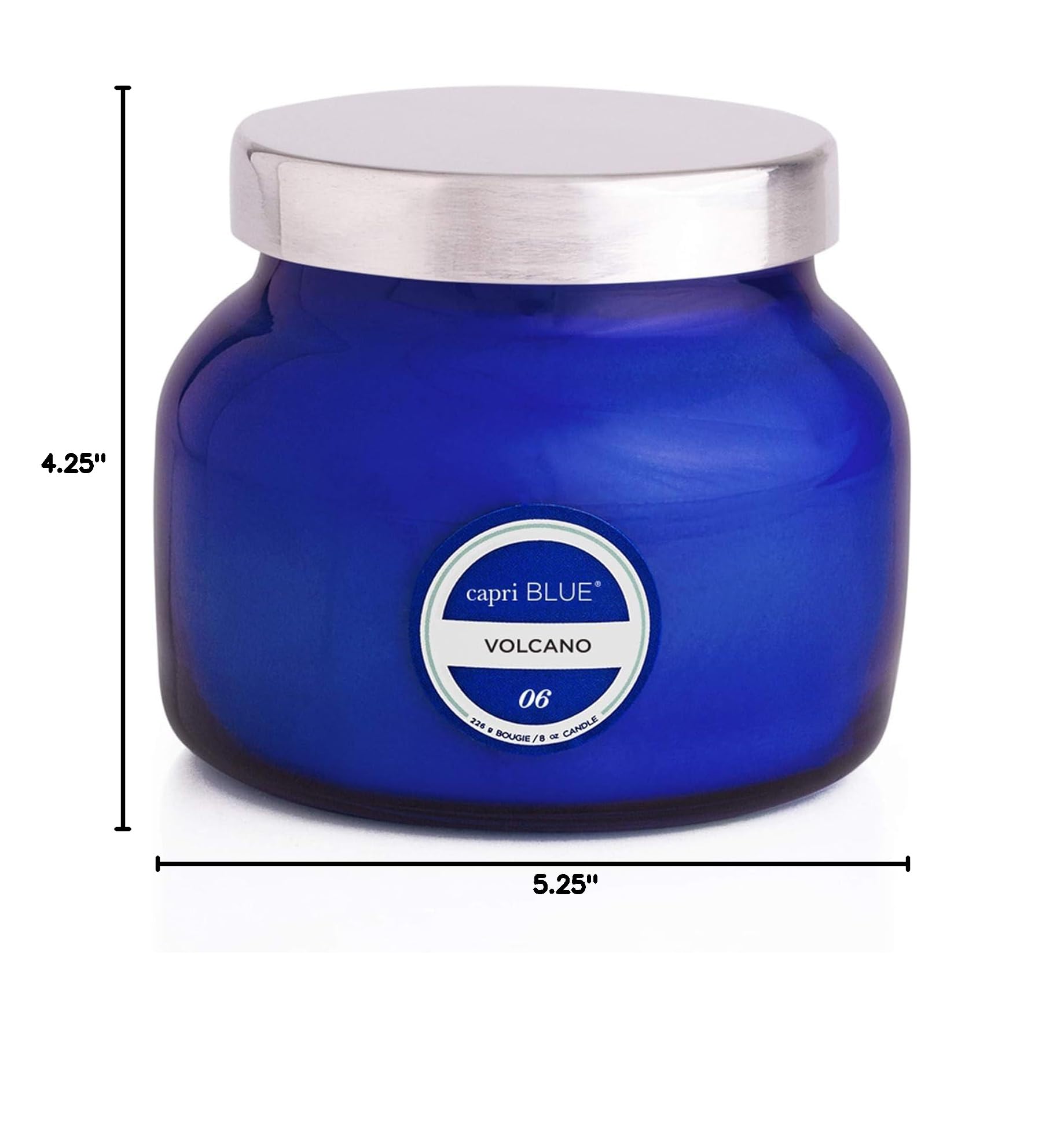 Blue Capri Blue Volcano candle jar with dimension arrows.