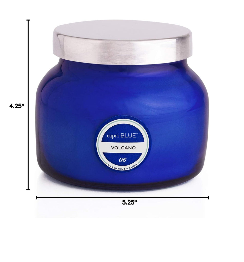 Blue Capri Blue Volcano candle jar with dimension arrows.