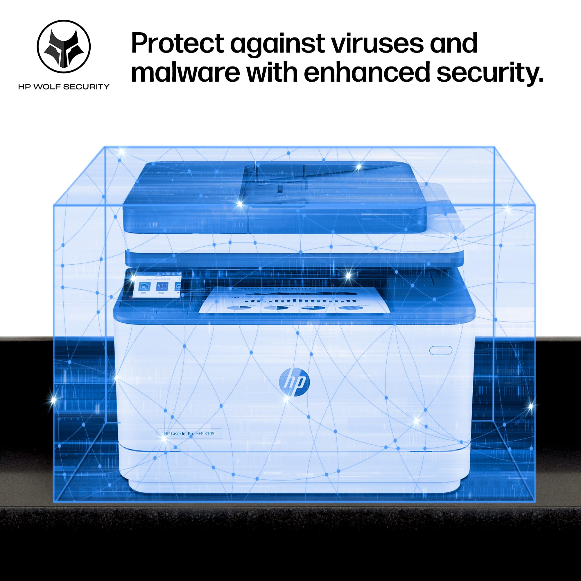 HP LaserJet printer inside a blue security-themed promotional graphic.