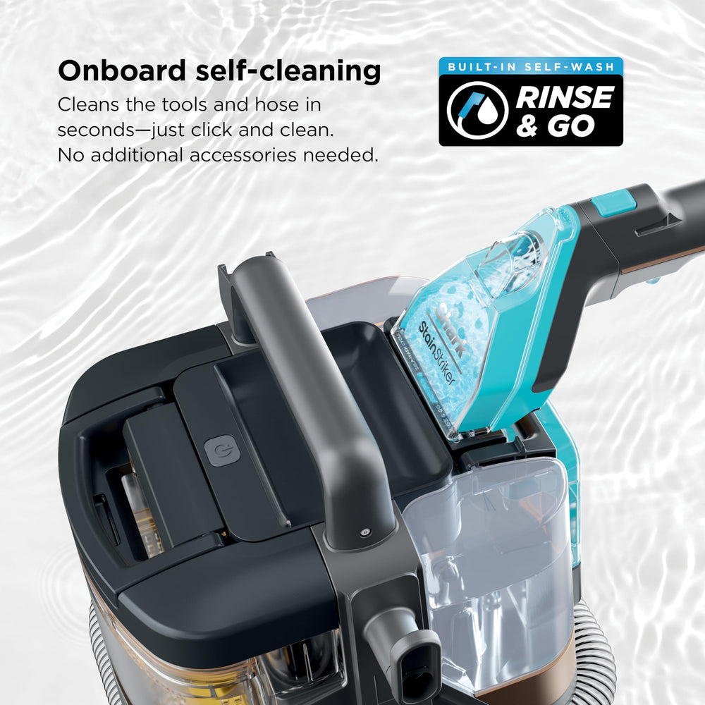 Shark spot-cleaner tool with a self-cleaning promotional caption.