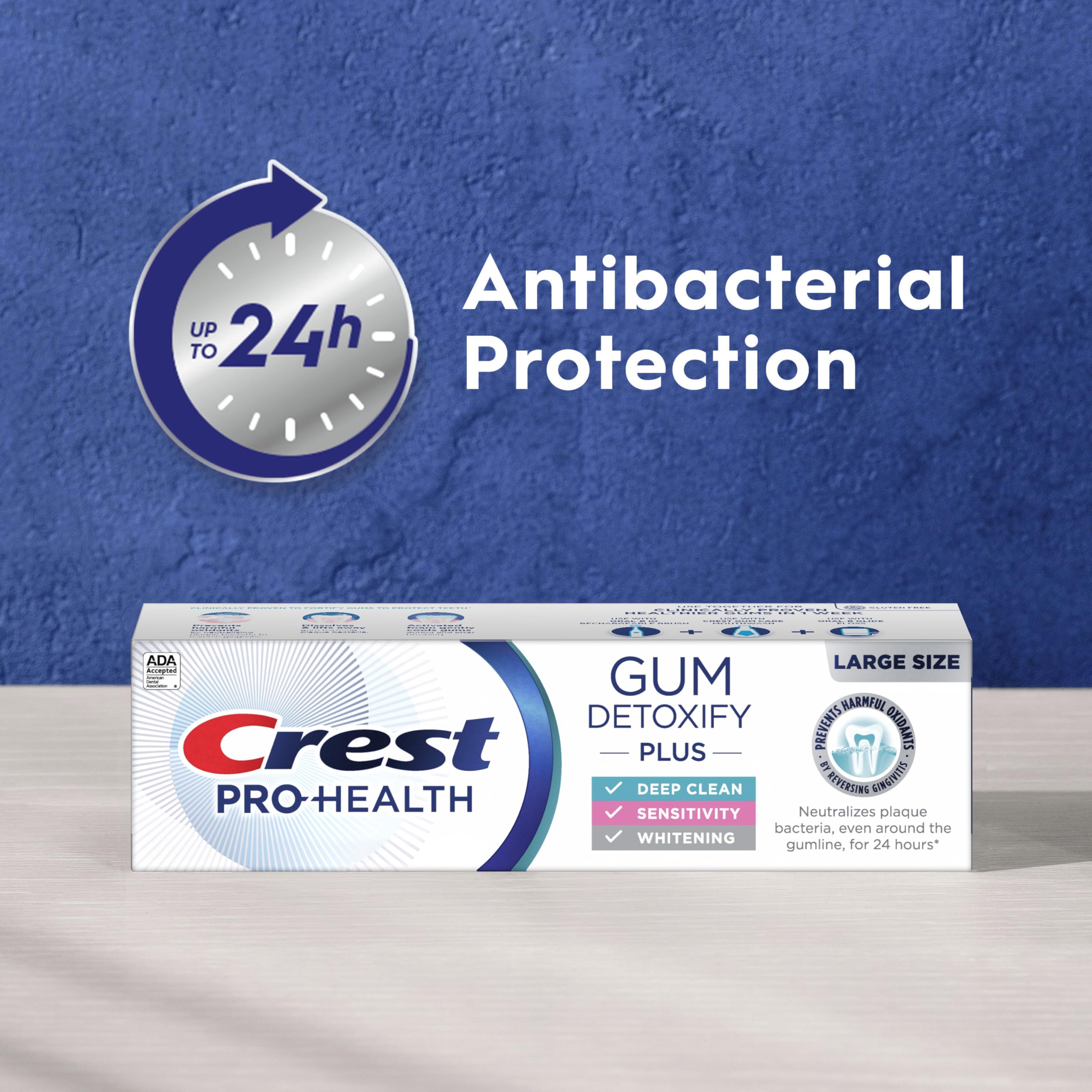 Crest toothpaste beside an antibacterial-protection promotional caption.