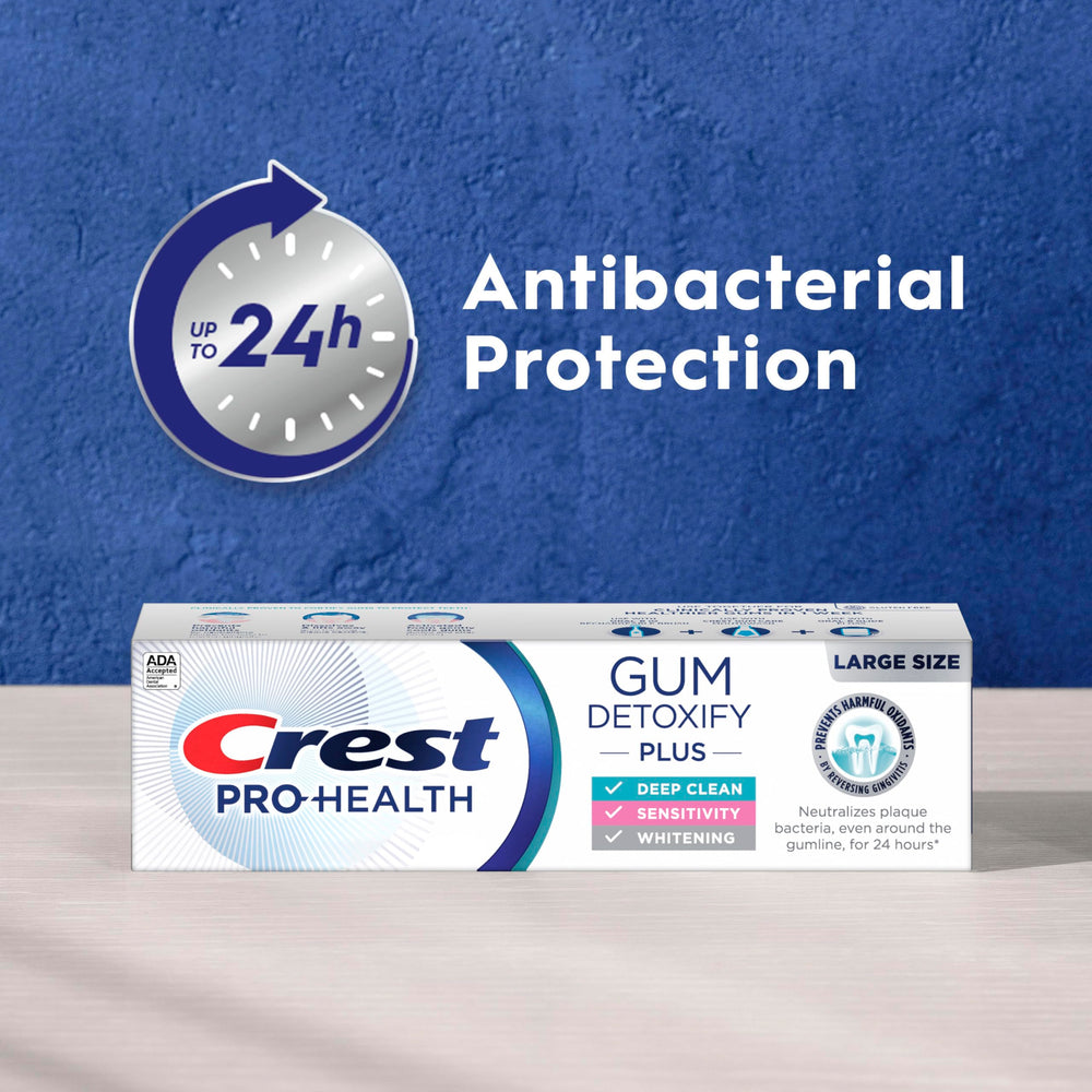 Crest toothpaste beside an antibacterial-protection promotional caption.