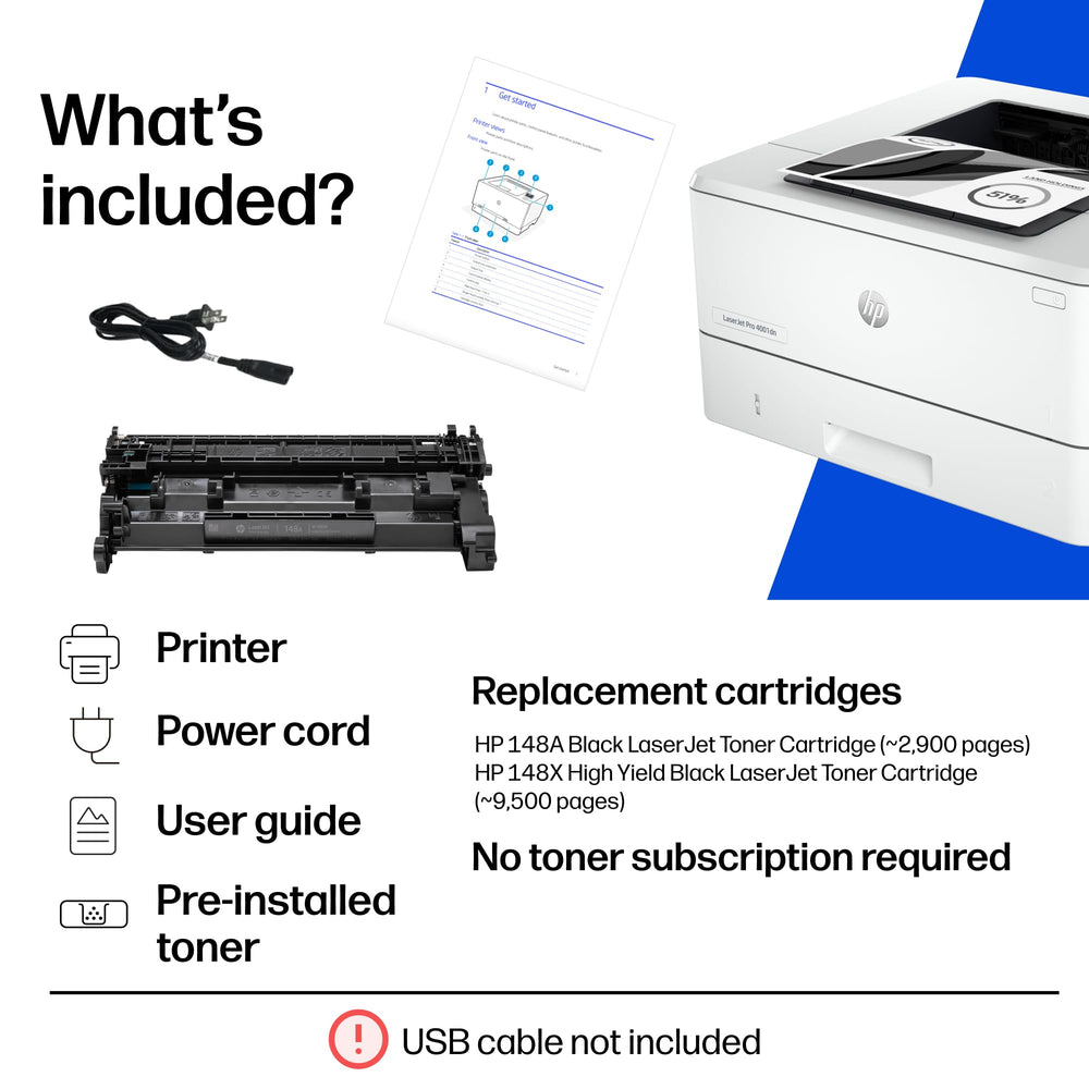 HP LaserJet printer, toner and printed guide in an included-items graphic.