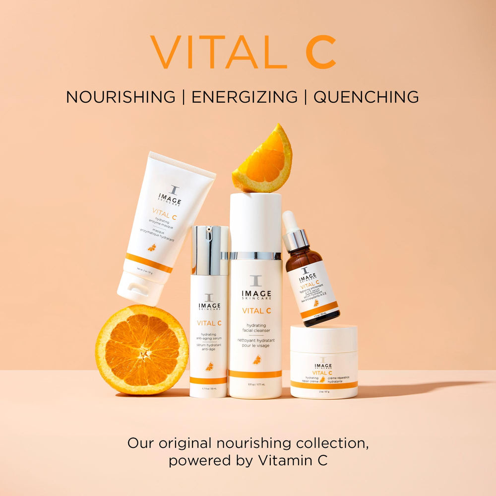 IMAGE Skincare VITAL C in a bathroom routine lifestyle shot conveying daily use and refreshed skin