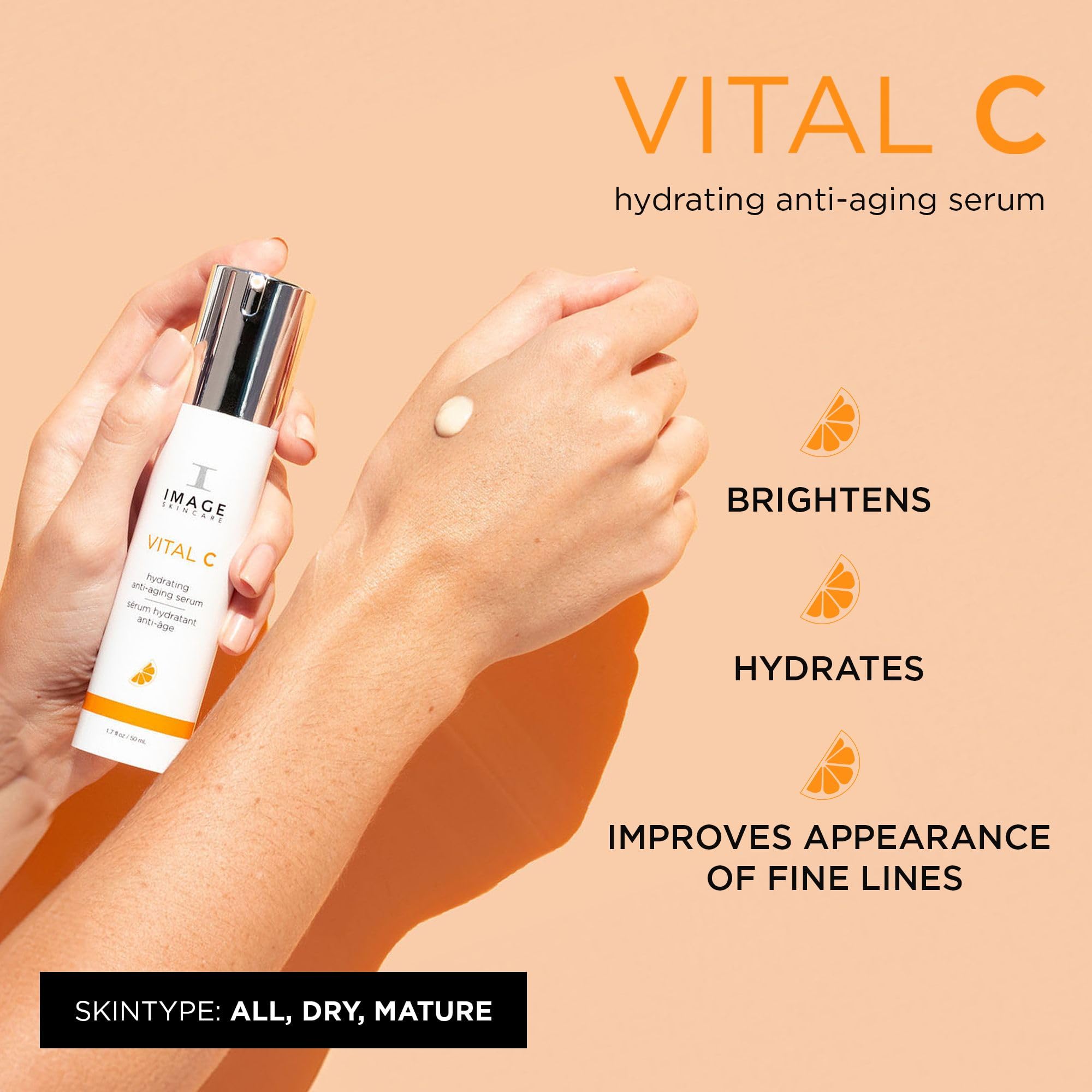 IMAGE Skincare VITAL C serum texture drop demonstrating lightweight hydration and glow