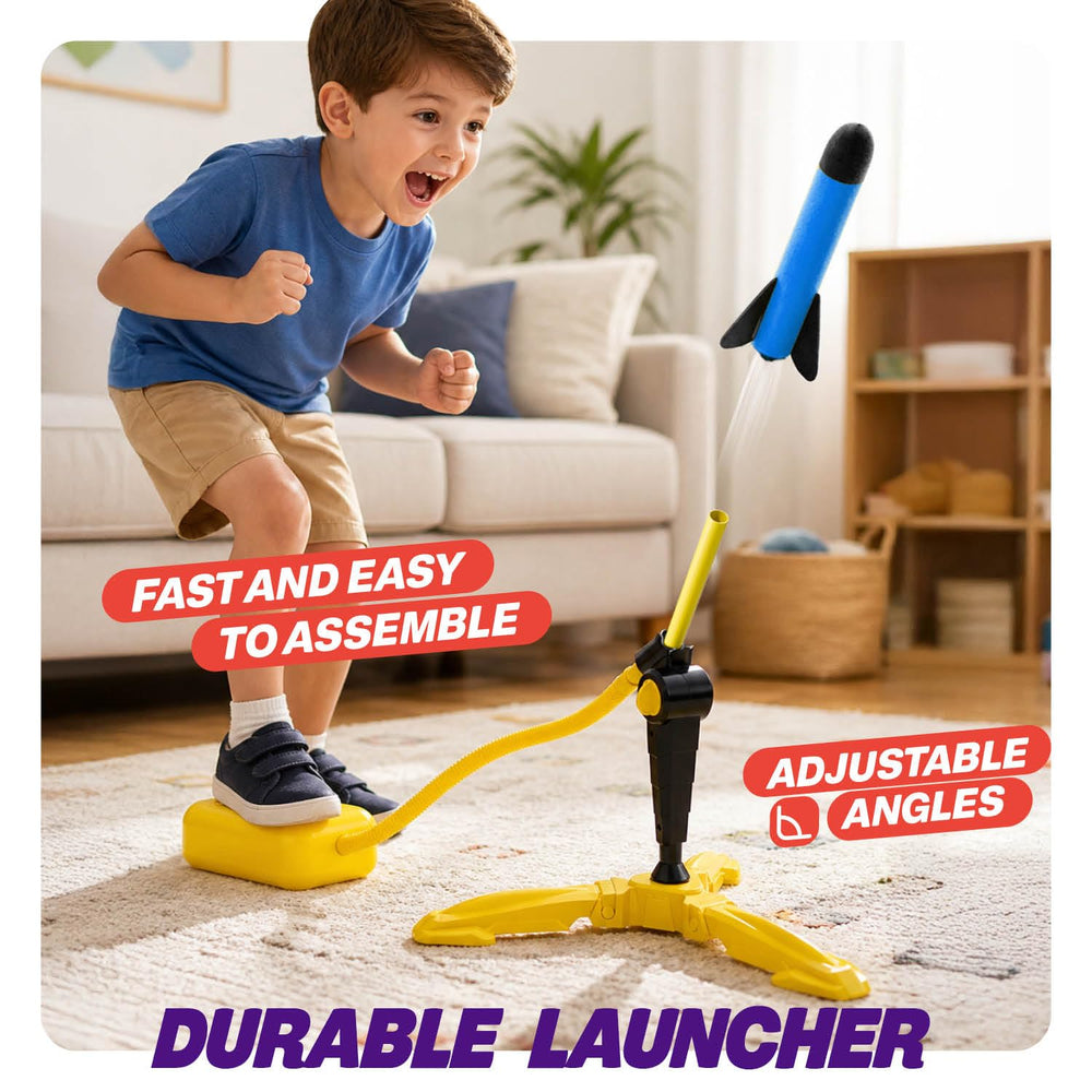 Imagineers child stepping on pump launching rocket showing active outdoor fun