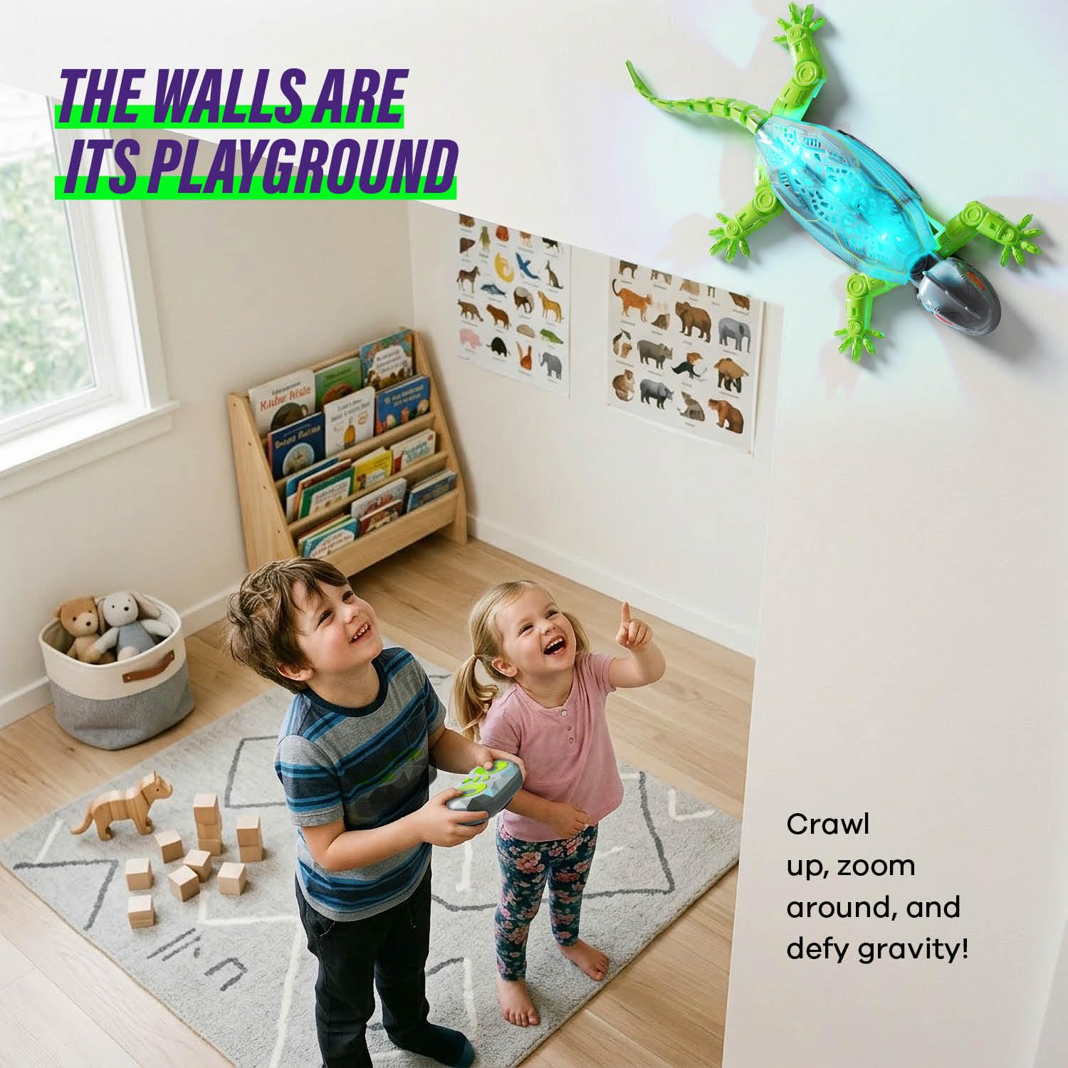 Imagineers Gecko stuck on glass wall demonstrating gravity-defying action