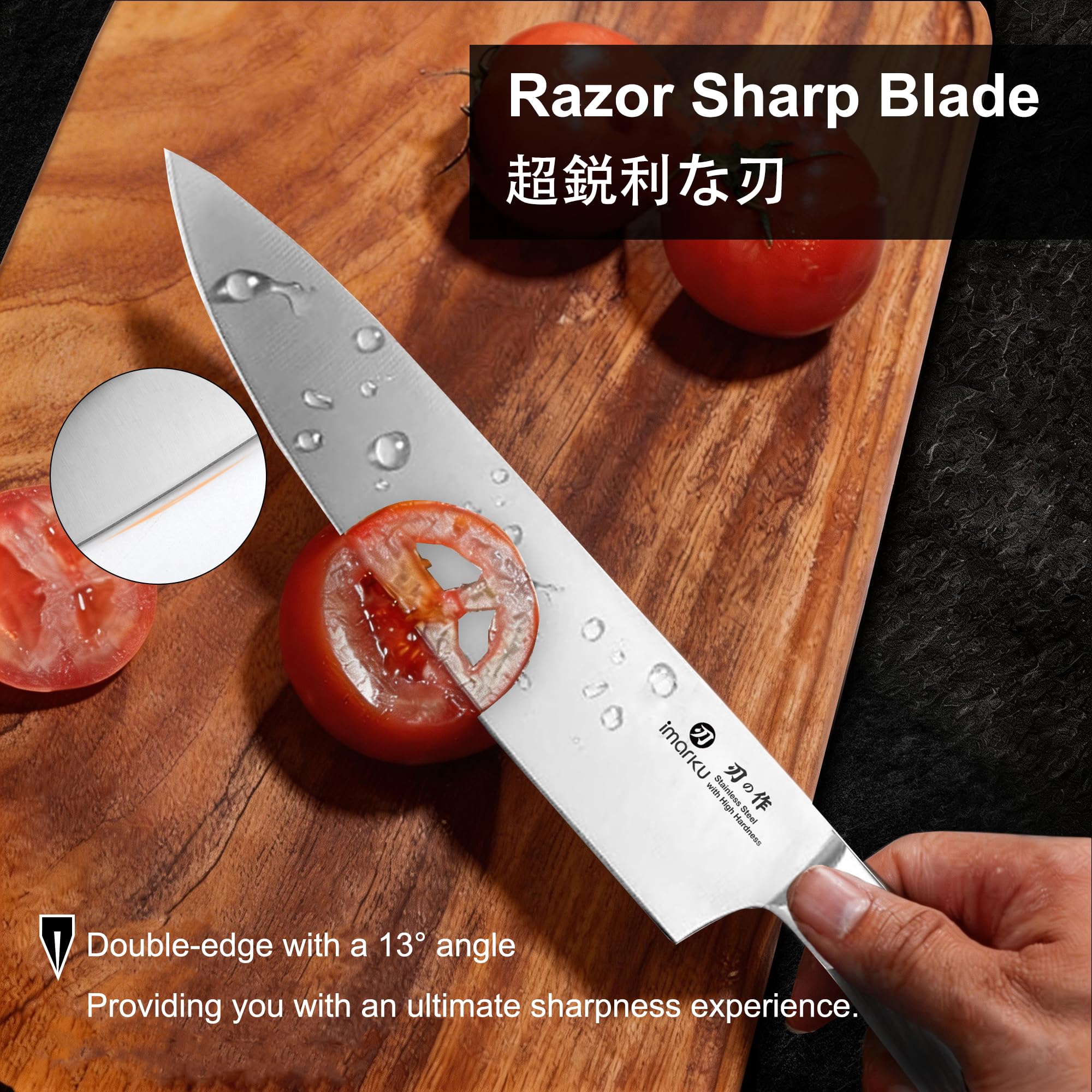 imarku pakkawood handle close-up, ergonomic grip reduces hand fatigue