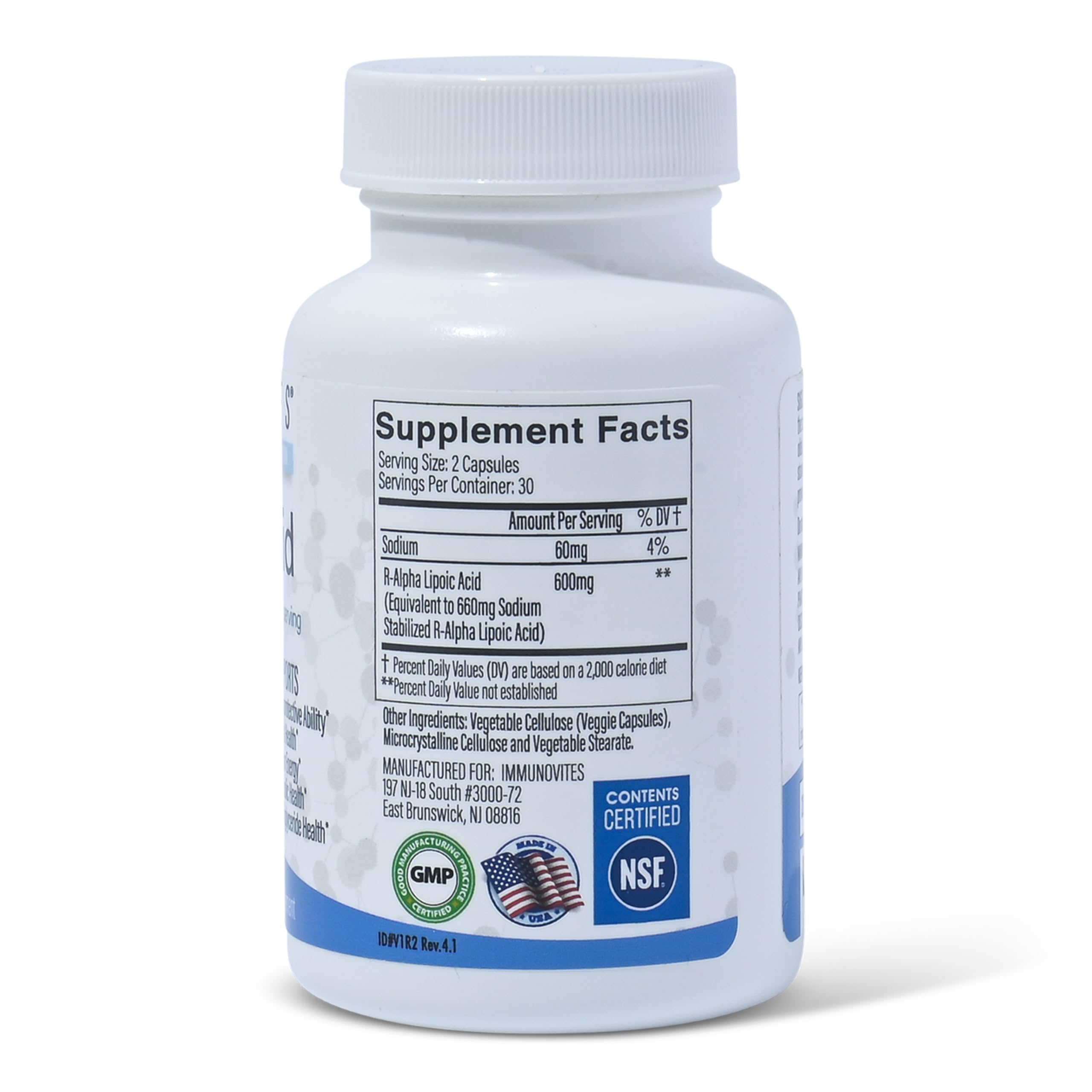 IMMUNOVITES label close-up highlighting stabilized Na R-ALA claim and ingredient transparency
