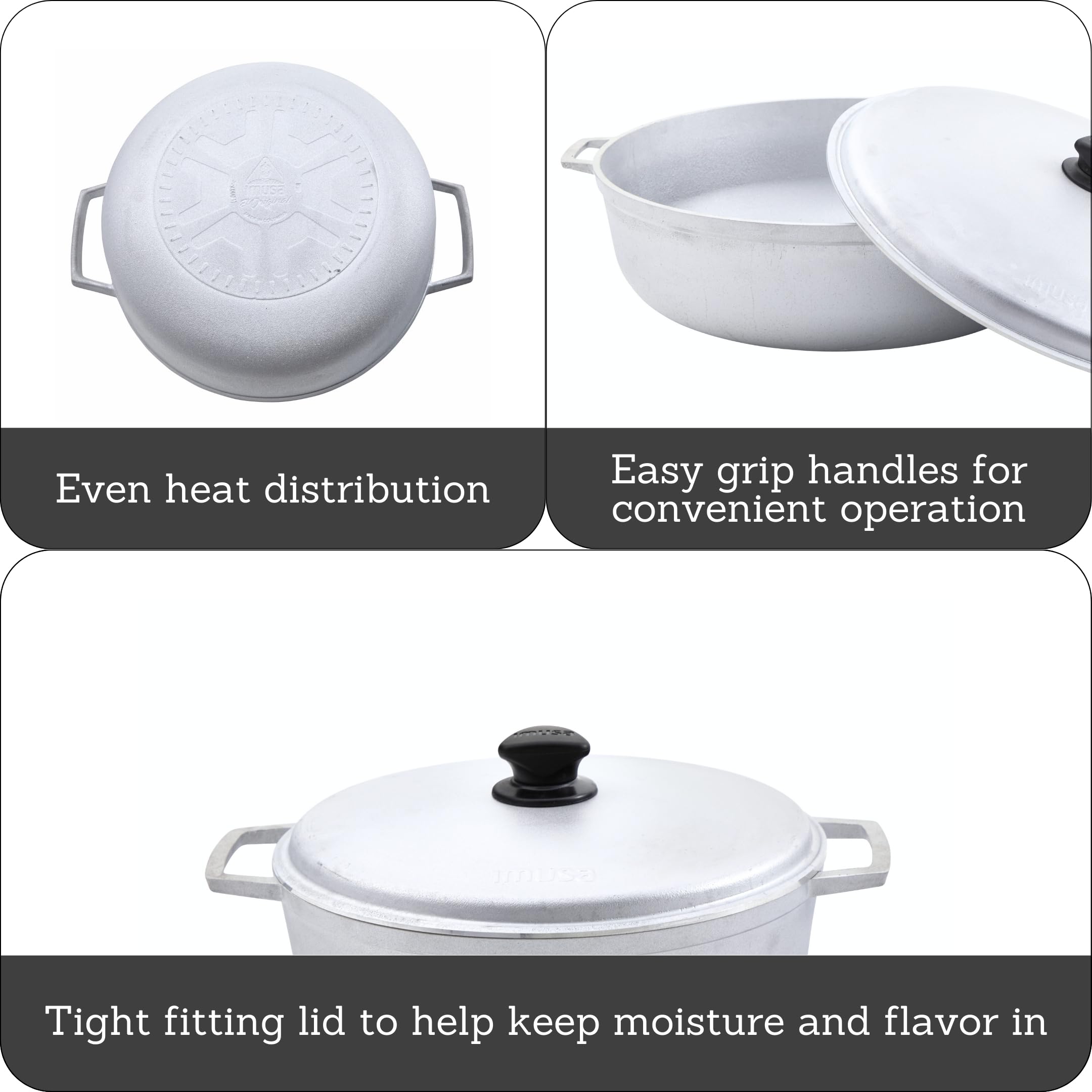 Imusa caldero lid closeup showing steam vent and knob for safer cooking