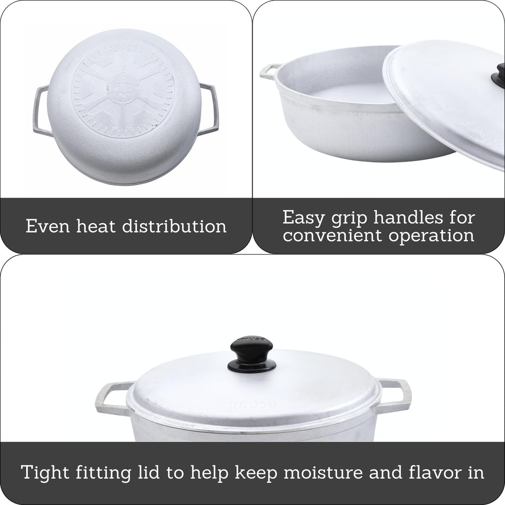Imusa caldero lid closeup showing steam vent and knob for safer cooking