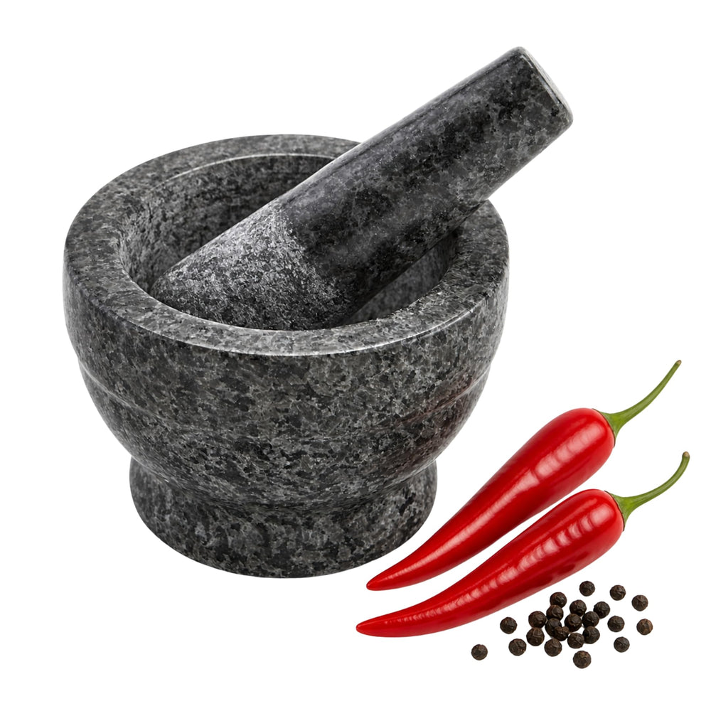 IMUSA front view of polished granite mortar showing solid build and stability