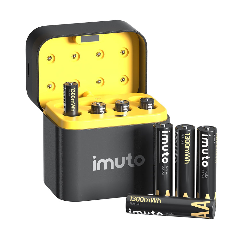 imuto front view of charging case showing neat battery organization and convenience