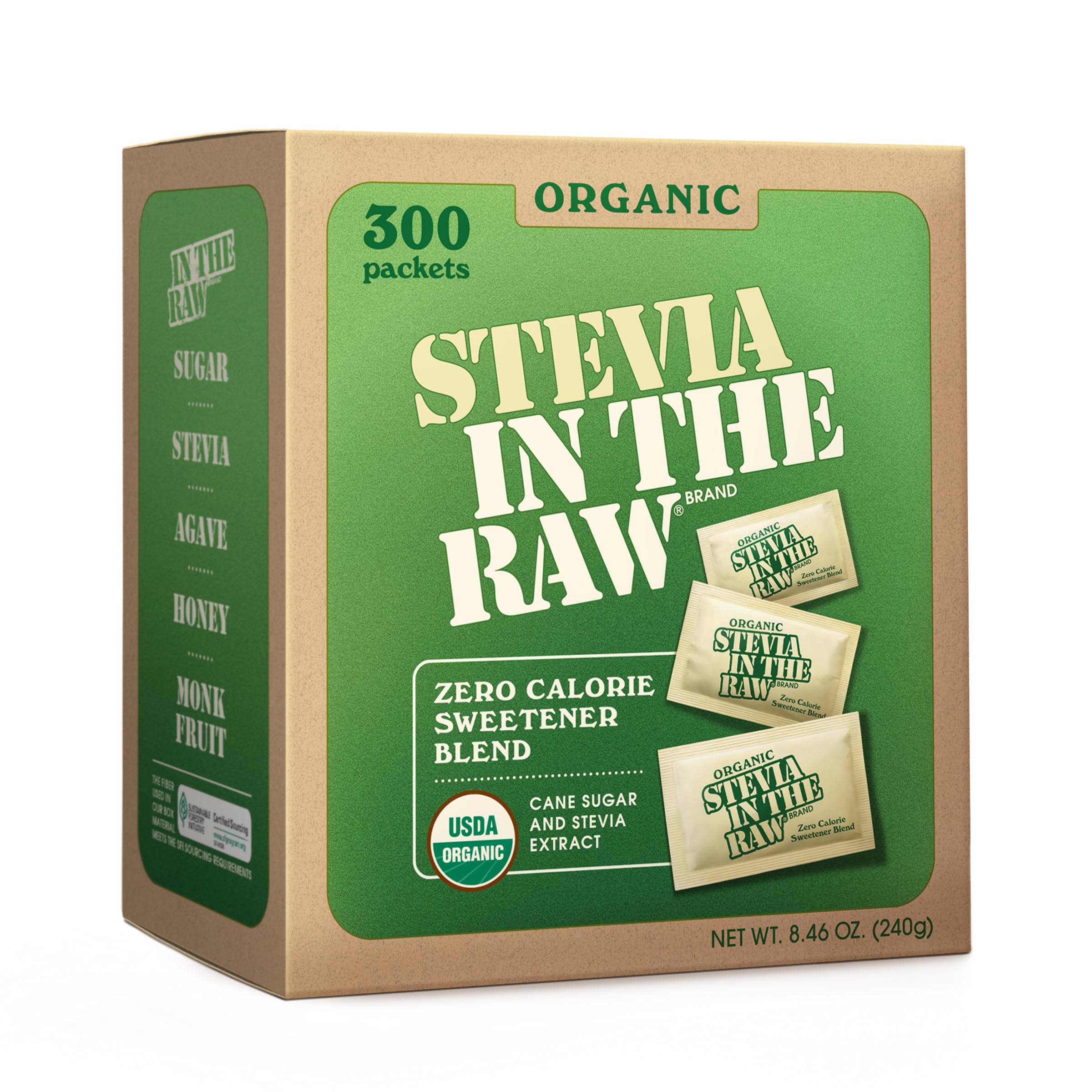 IN THE RAW front packaging showing 300 organic stevia packets and benefits