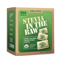 IN THE RAW front packaging showing 300 organic stevia packets and benefits