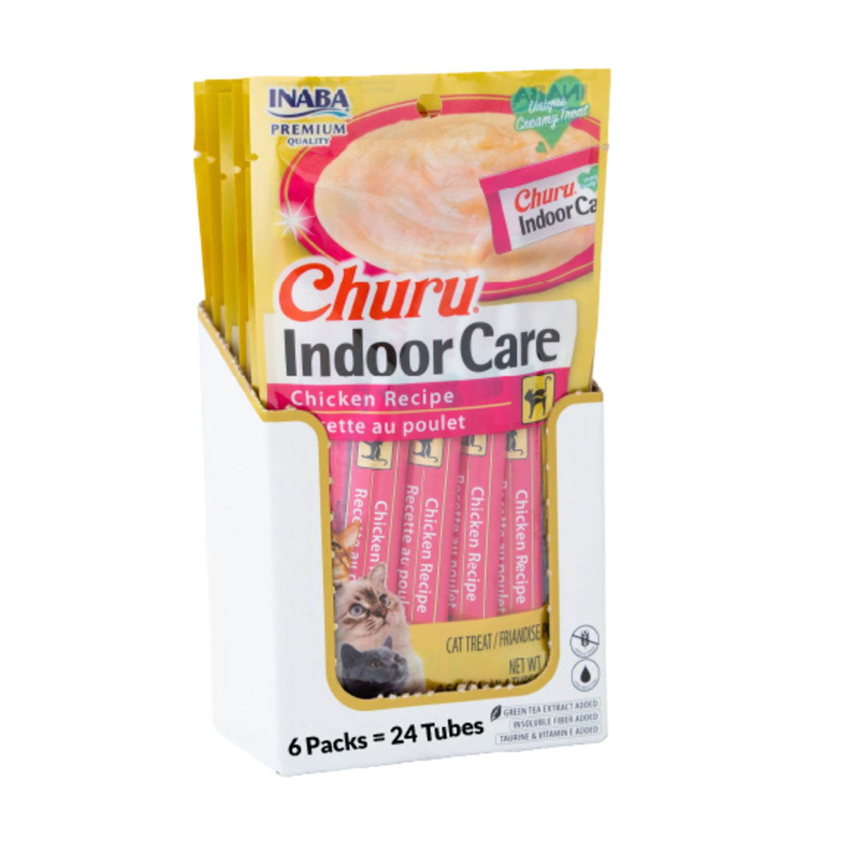 INABA Churu front packaging showing chicken recipe and indoor care benefits