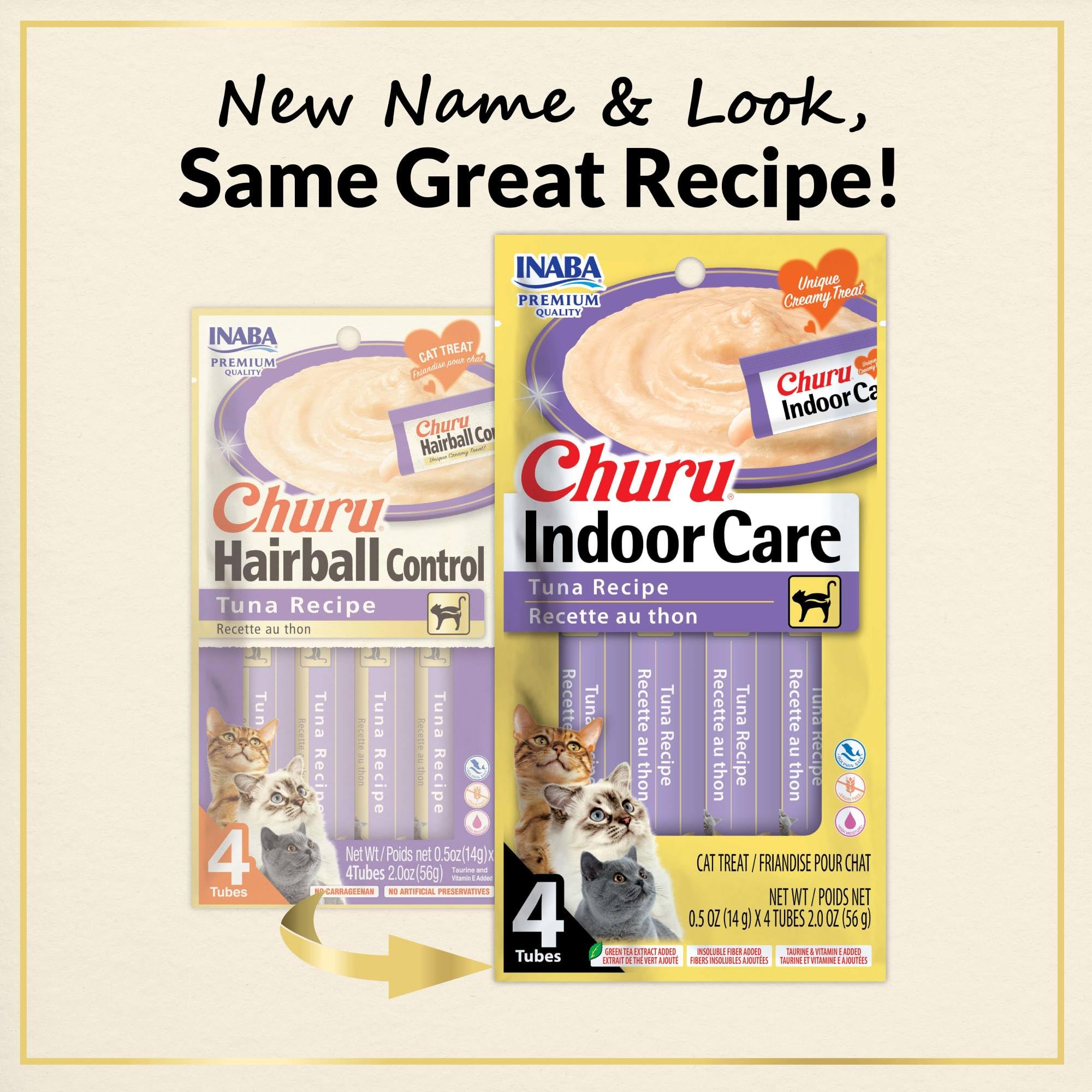 INABA Churu ingredients label close-up showing natural tuna and added fiber benefits