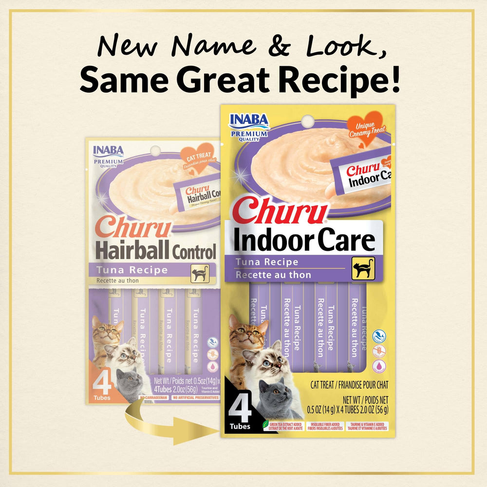INABA Churu ingredients label close-up showing natural tuna and added fiber benefits
