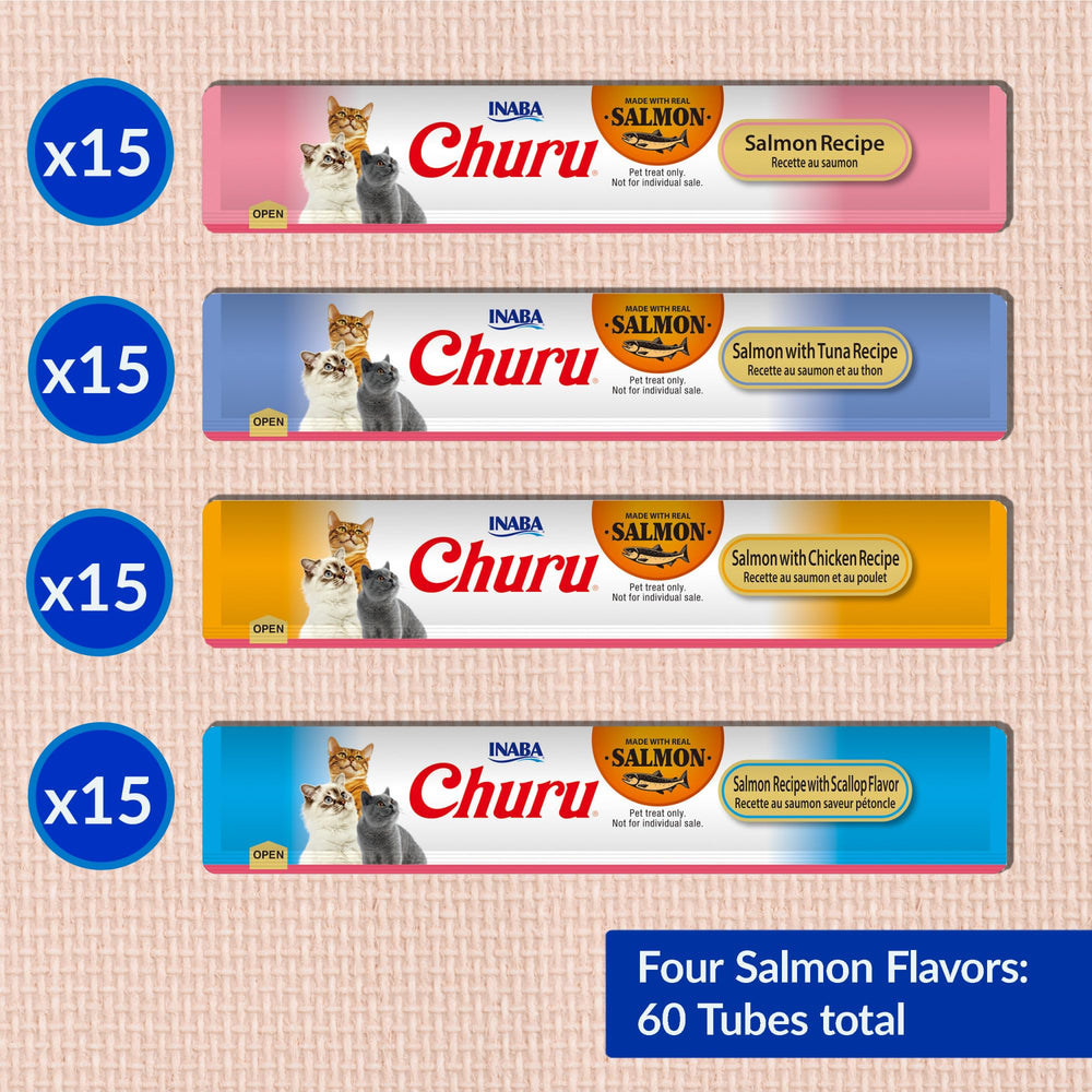 INABA assortment of four salmon-based flavors laid out to show variety