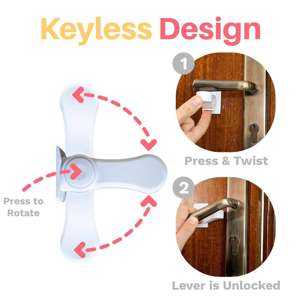 Inaya installed on a door lever illustrating child and pet containment