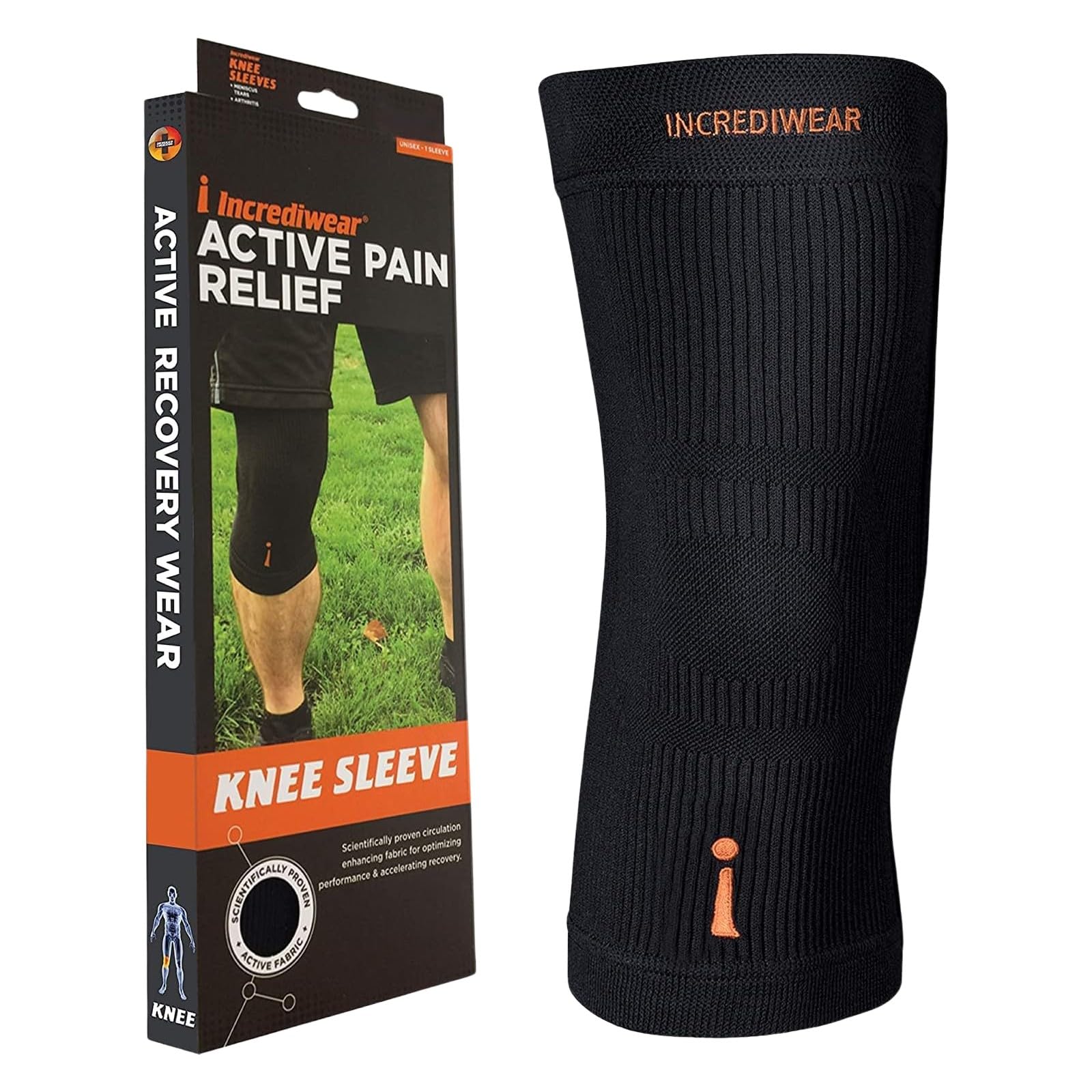 Incrediwear knee sleeve front view showing fit and slimming profile for comfortable support