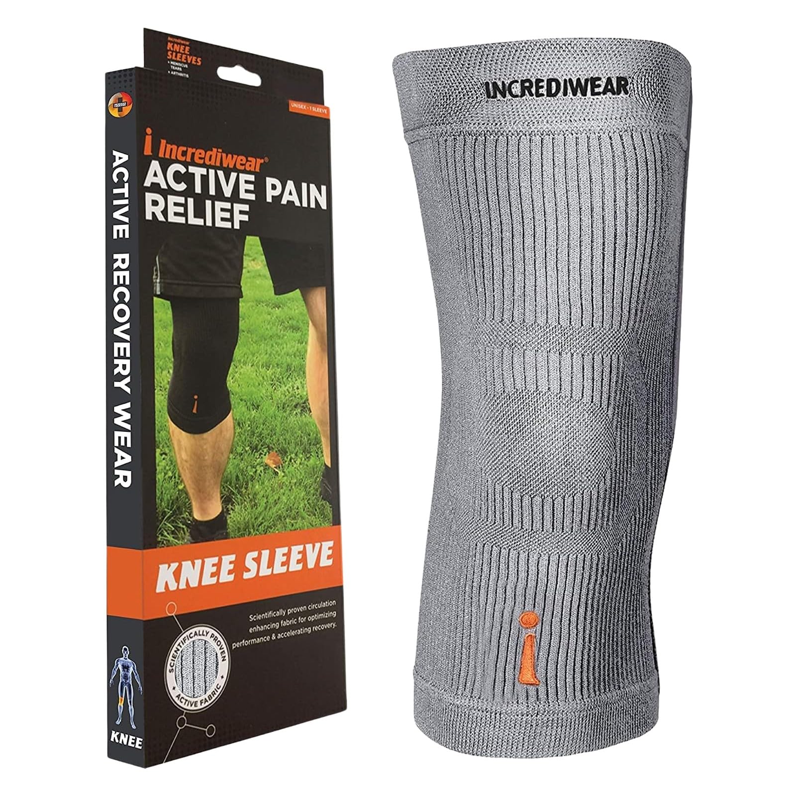 Incrediwear knee sleeve front view showing snug support and improved stability