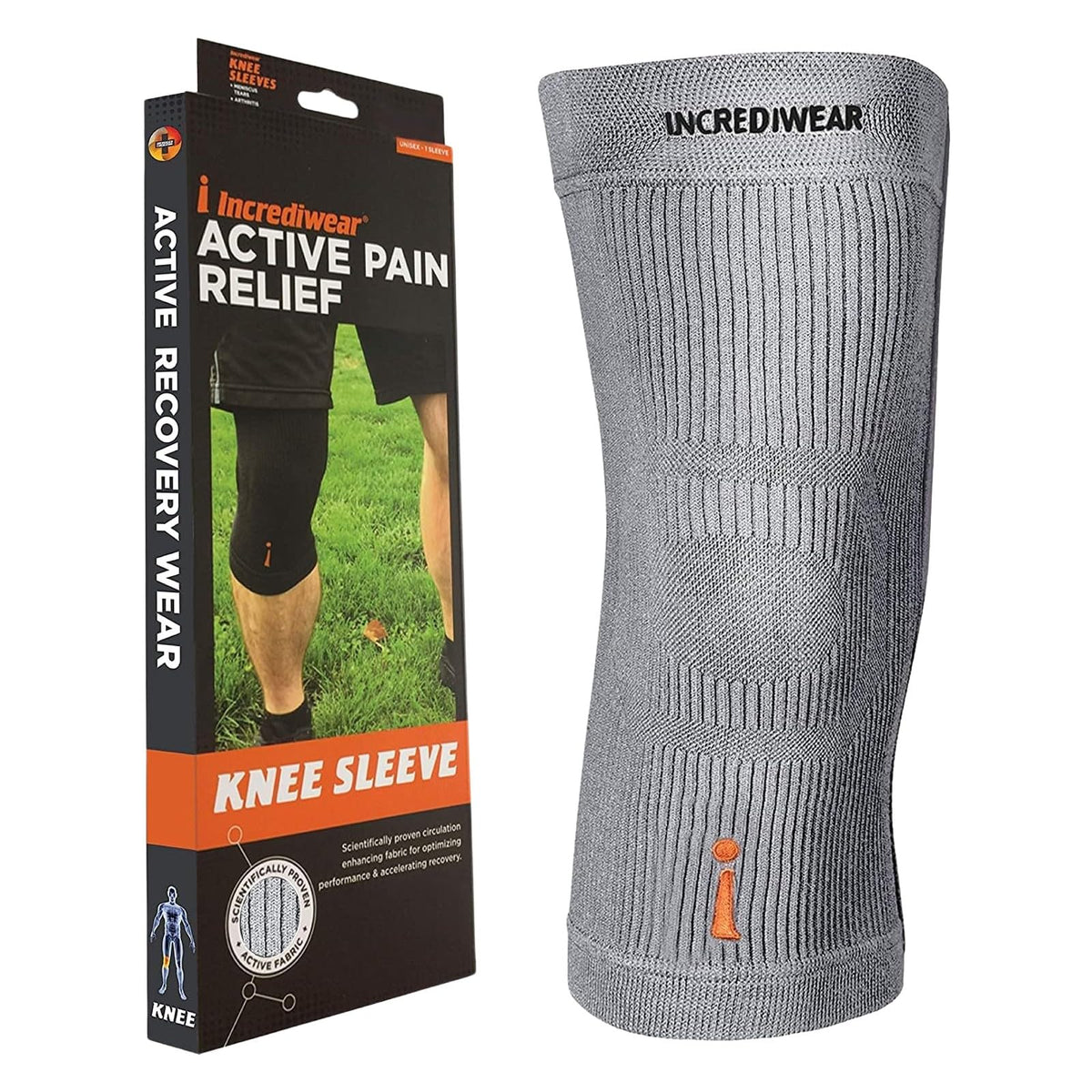 Incrediwear knee sleeve front view showing snug support and improved stability