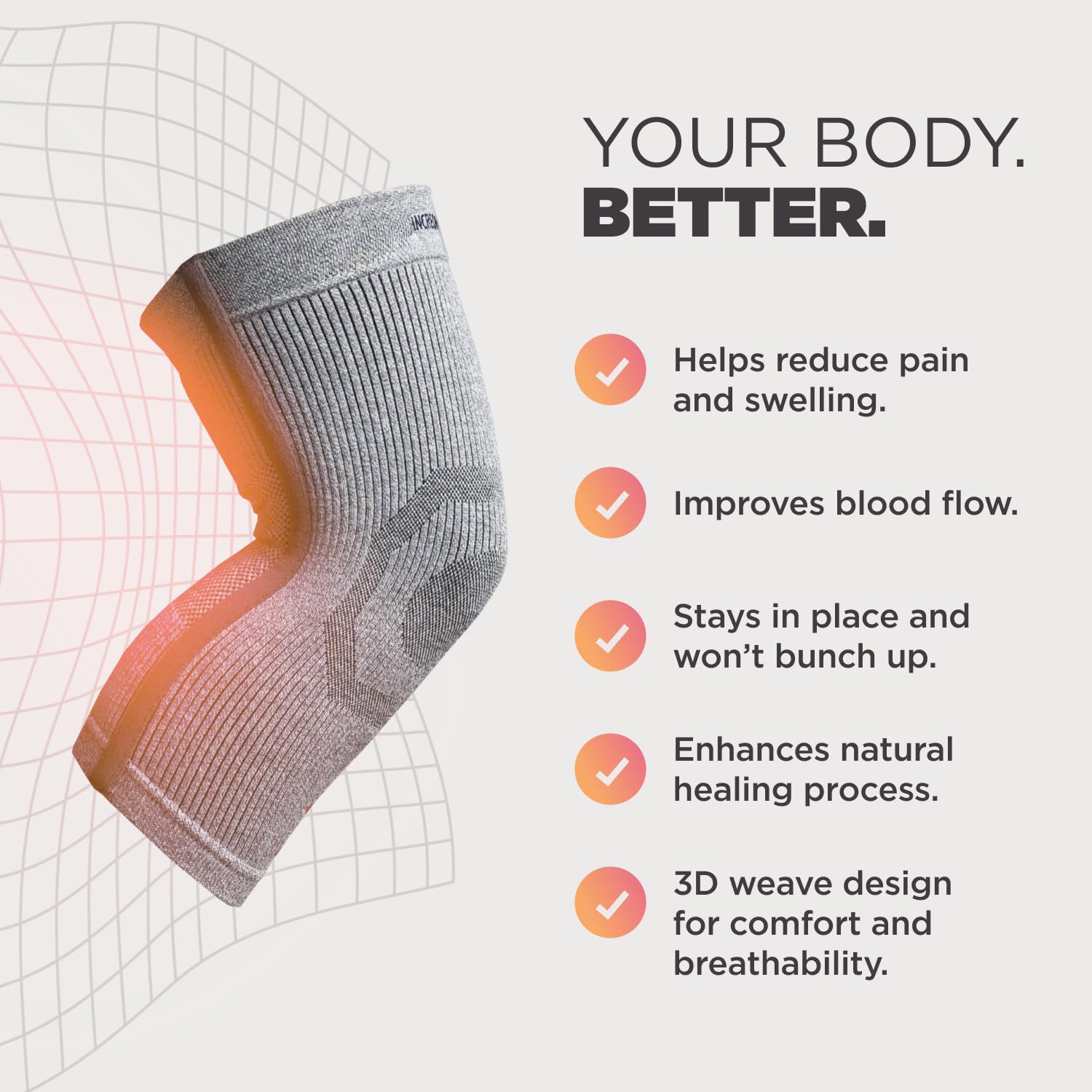 Incrediwear knee sleeve worn during movement demonstrating support and range of motion benefit
