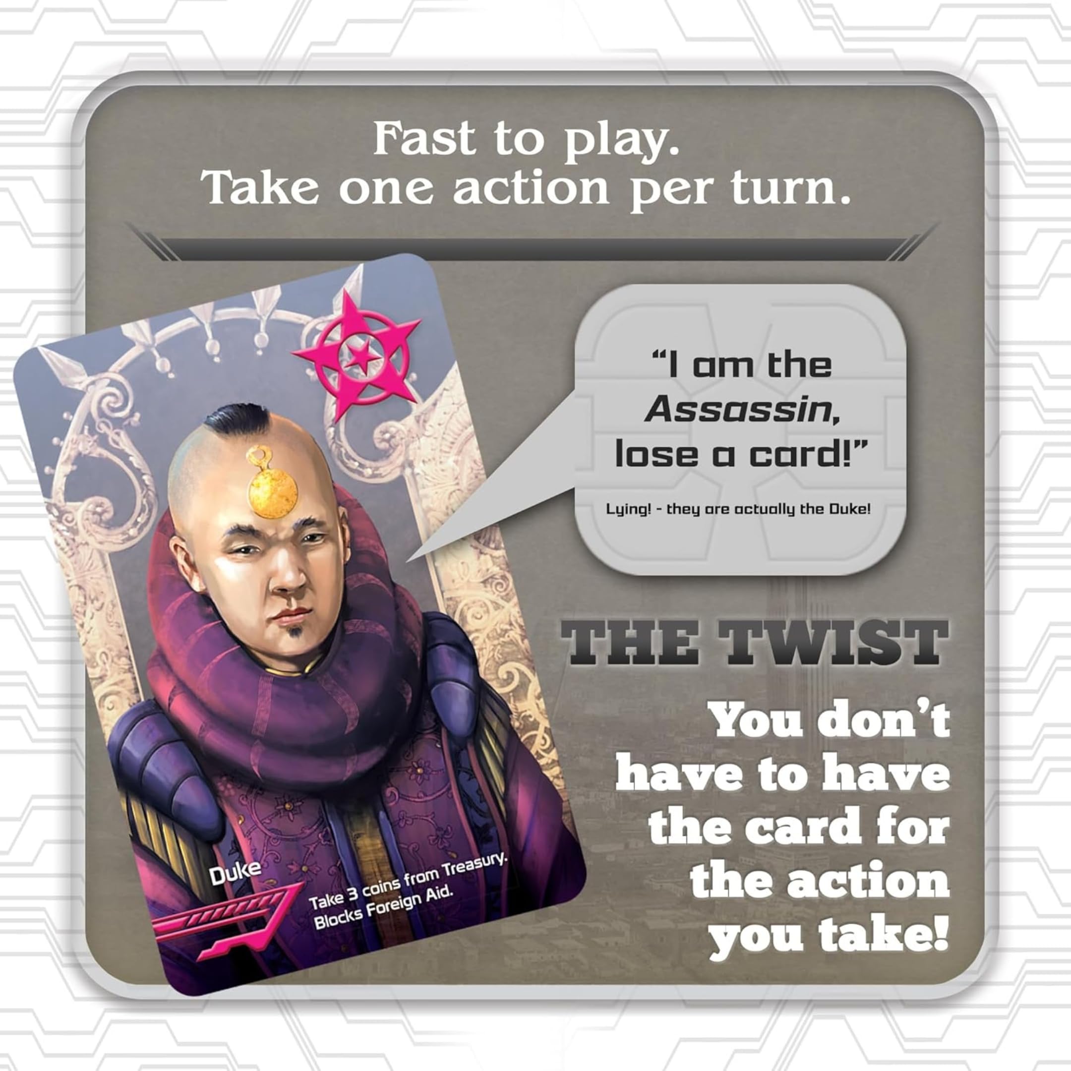 Indie Boards and Cards Coup box next to a smartphone to show compact size